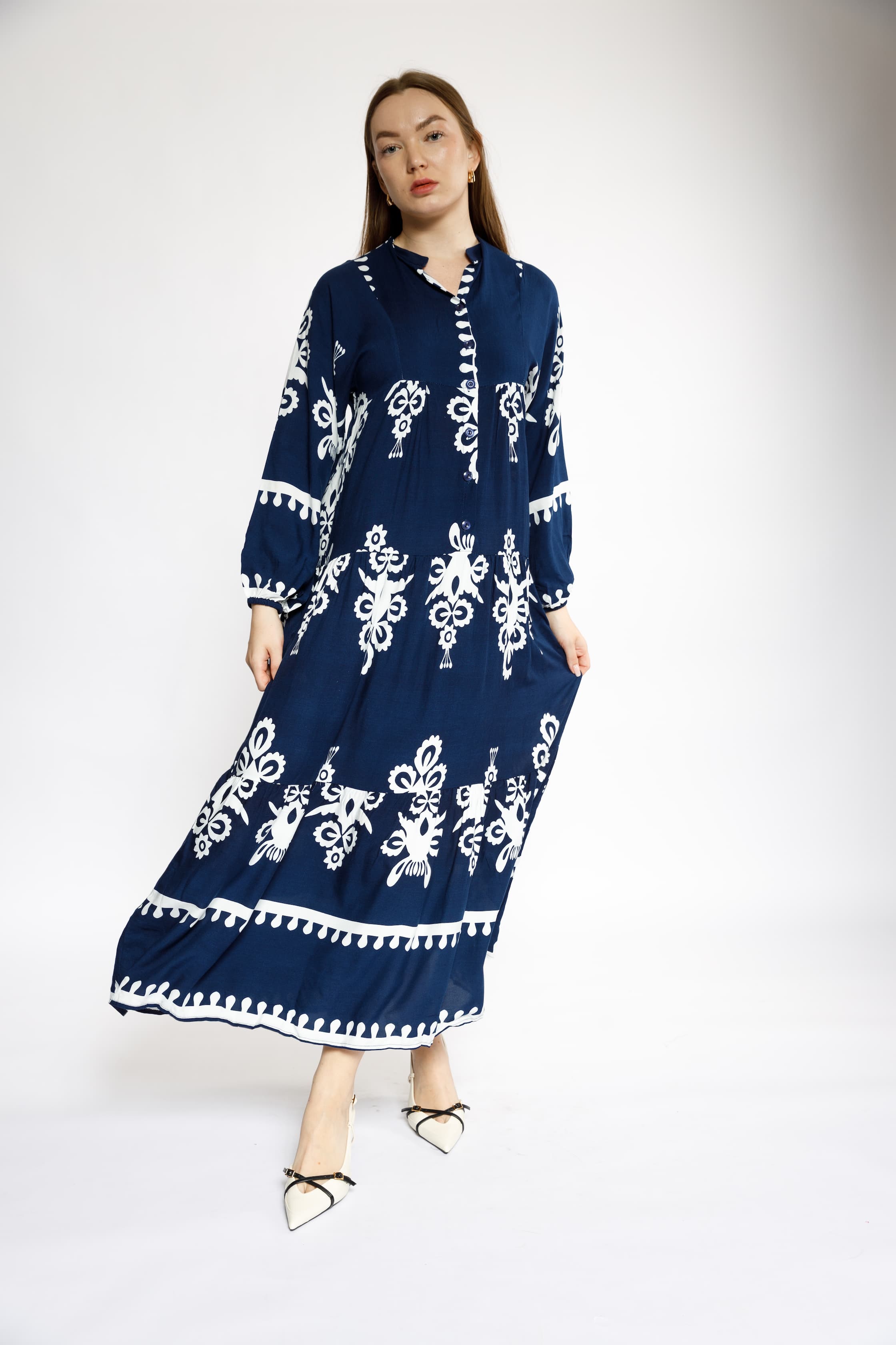 Navy Blue Maxi Dress with White Boho Print and Button-Front Detail