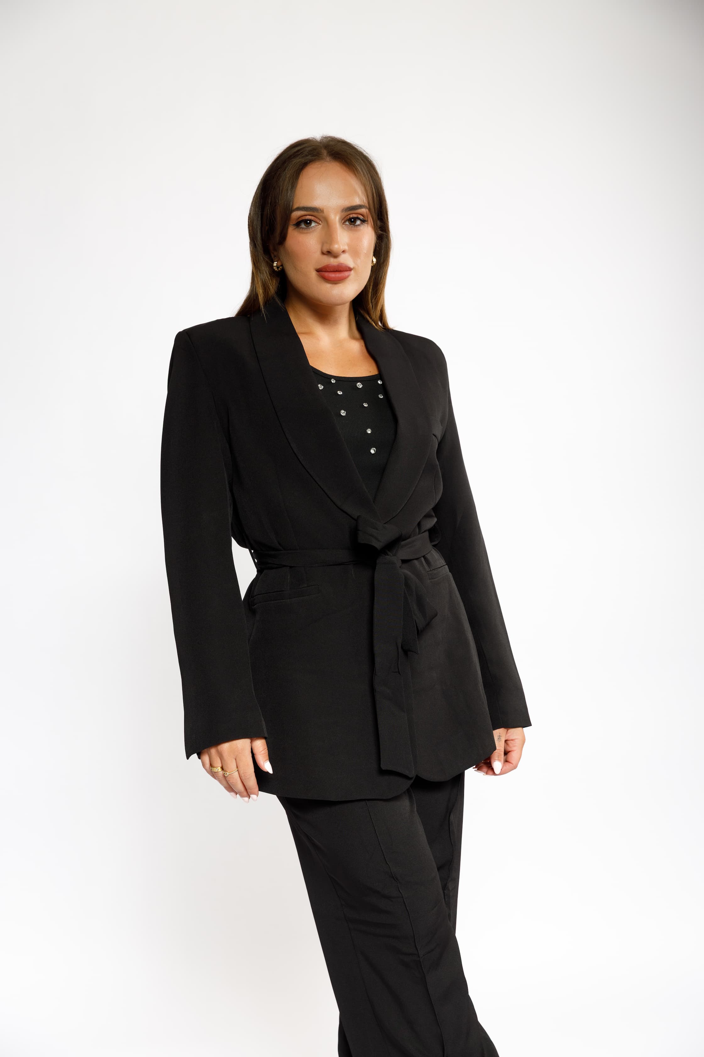 Elegant Two-Piece Formal Set – Black with Waist Tie
