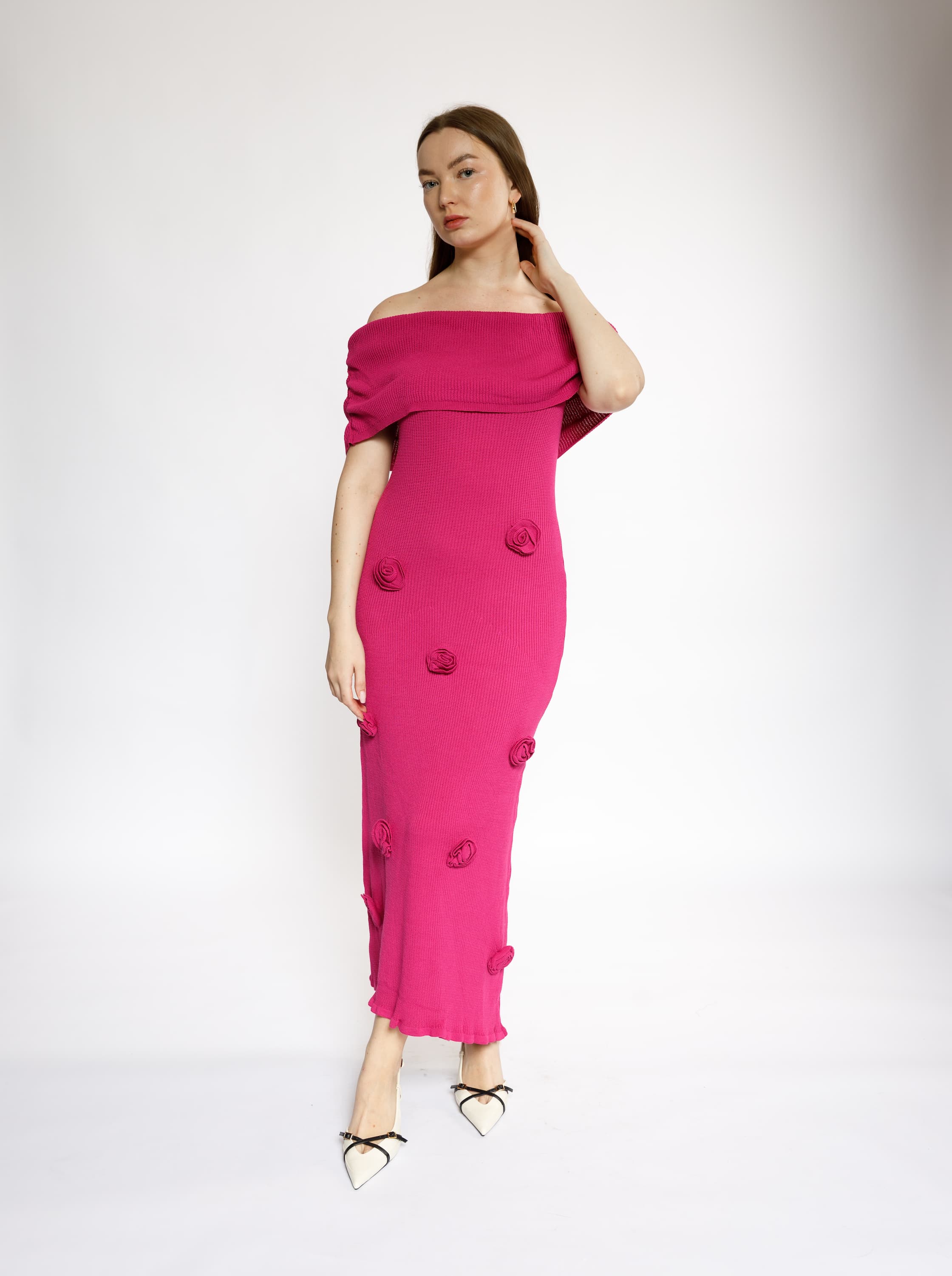 Off-Shoulder Maxi Dress with 3D Floral Appliqué – Fuchsia Pink