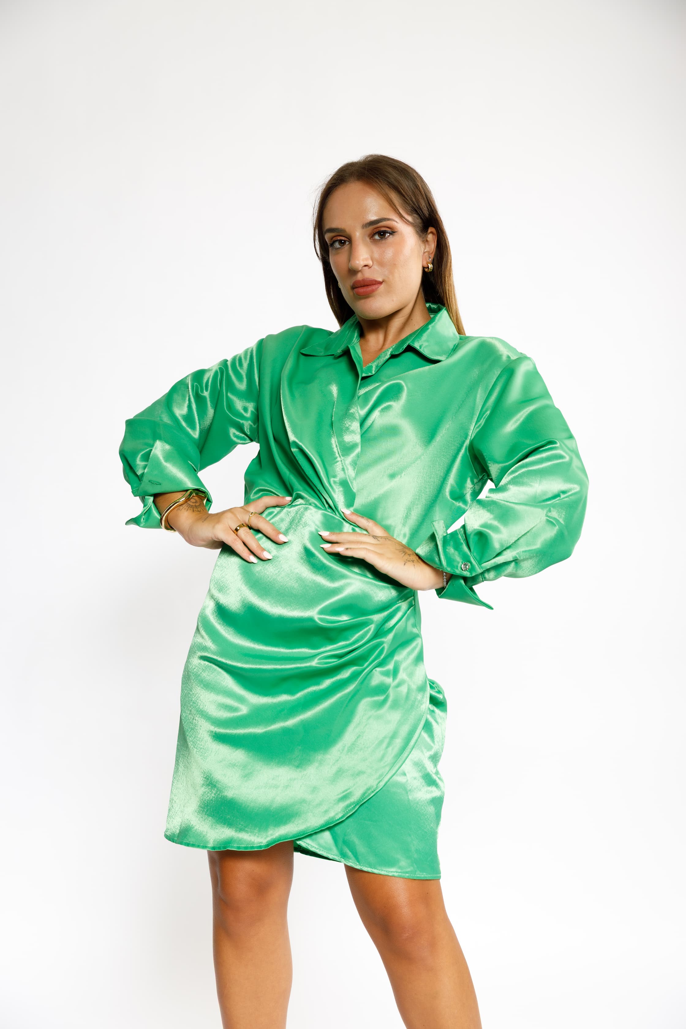 Emerald Green Satin Wrap Mini Dress