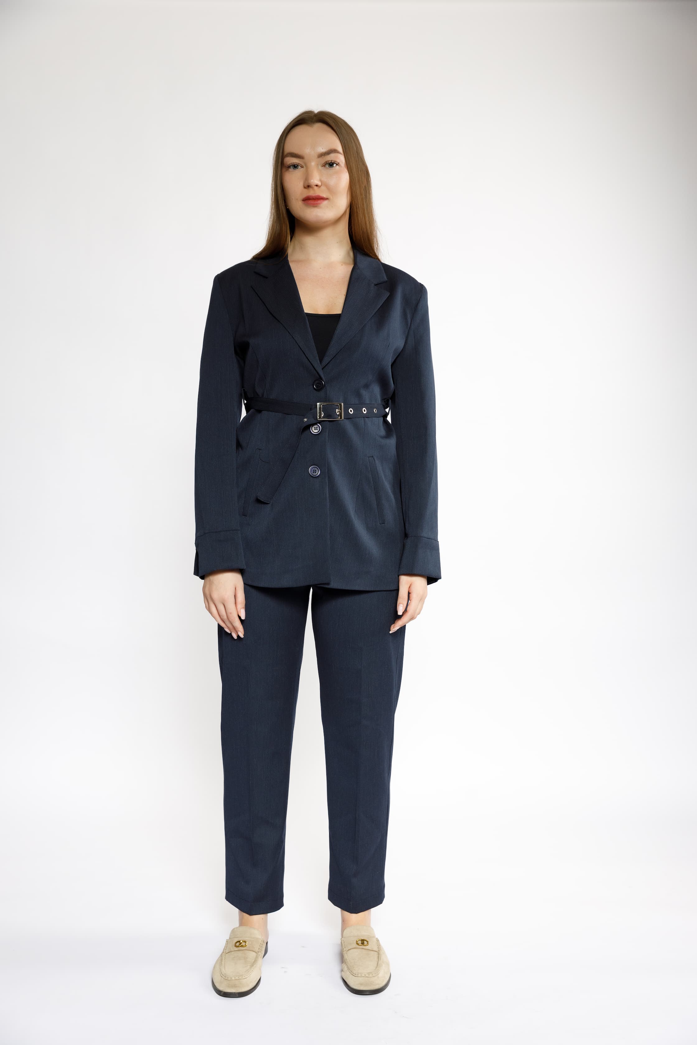 Navy Blue Women's Formal Suit with Belt – Smart & Elegant Design