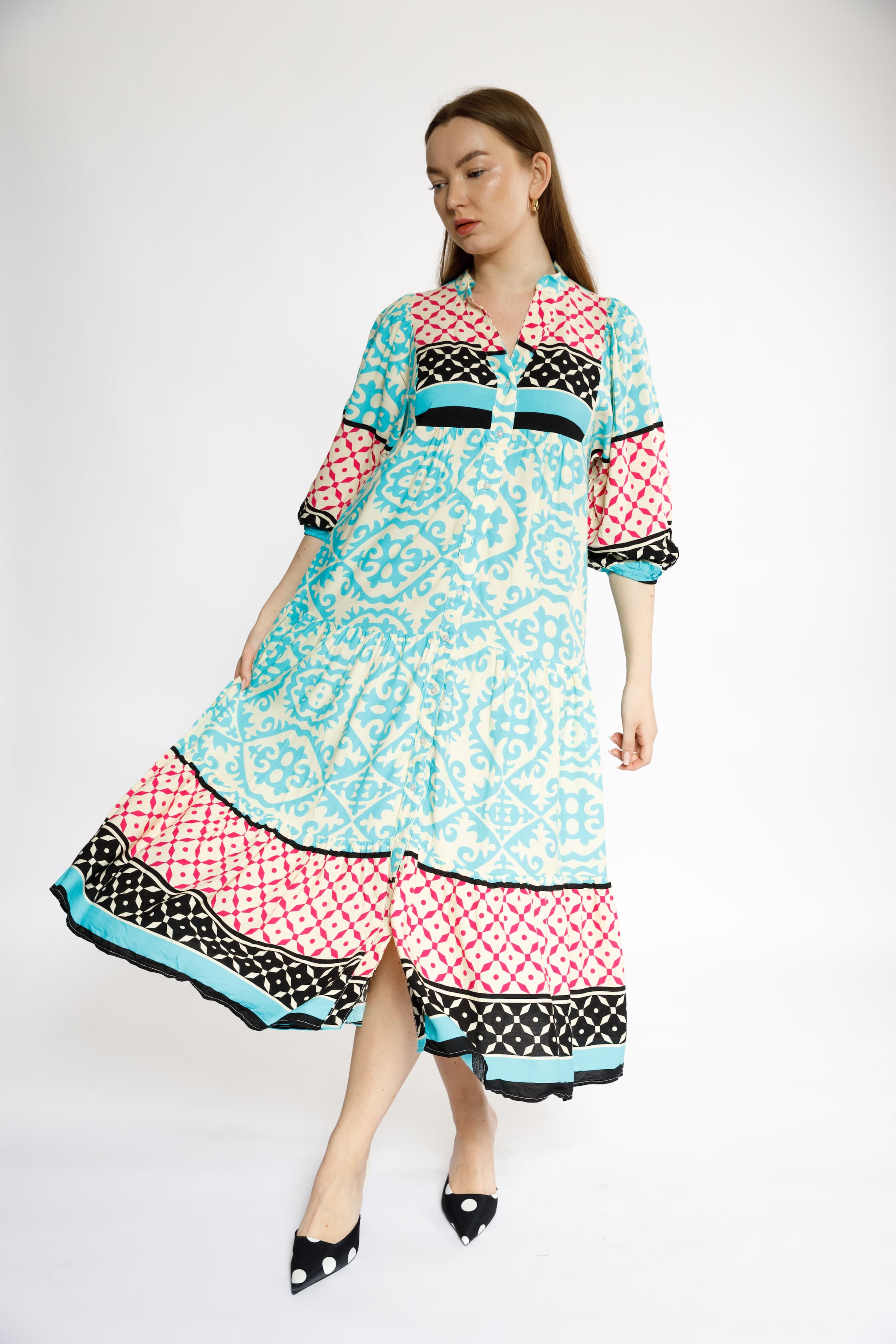 Multicolor Print Midi Dress with Relaxed Fit