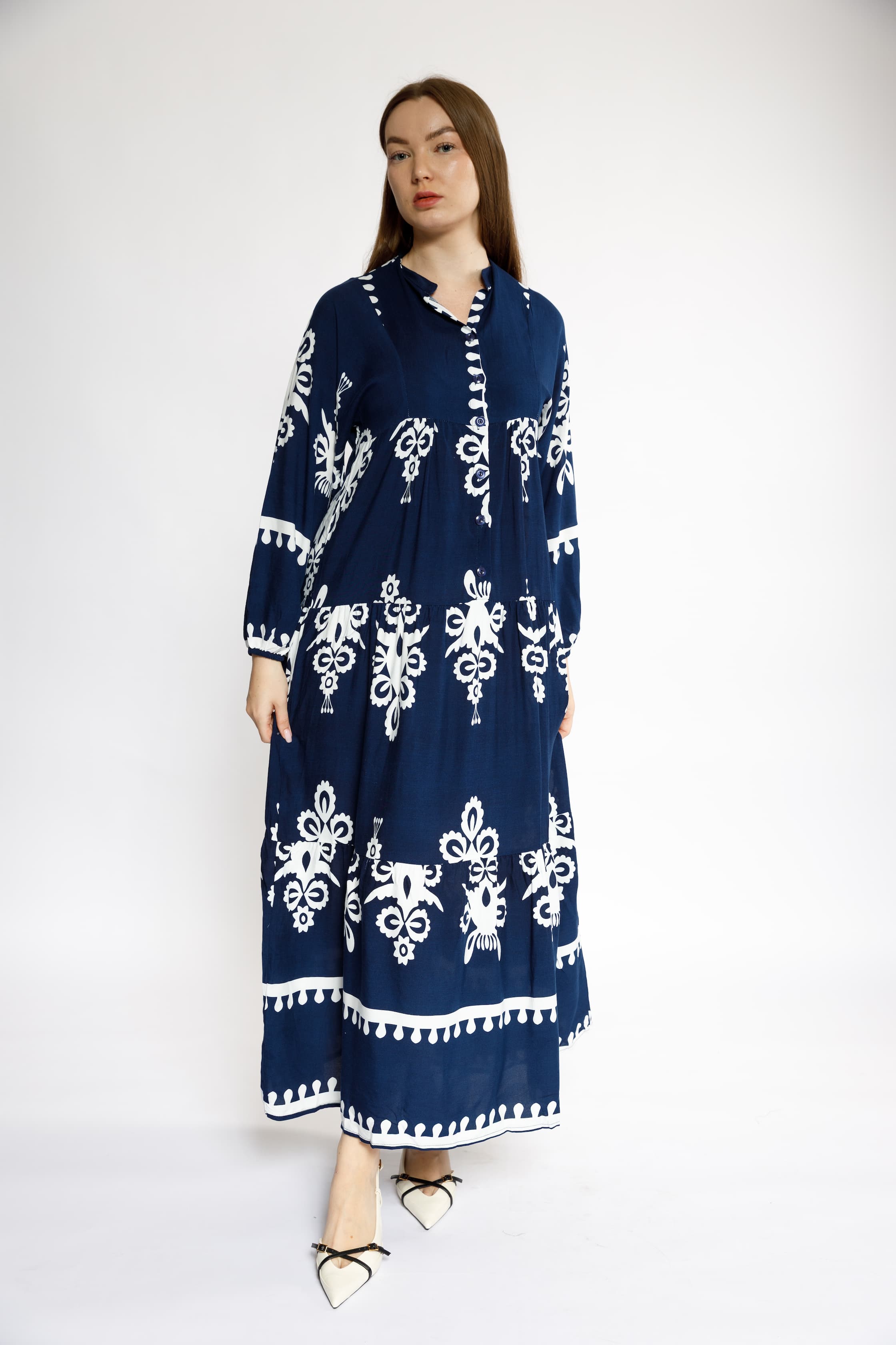 Navy Blue Maxi Dress with White Boho Print and Button-Front Detail