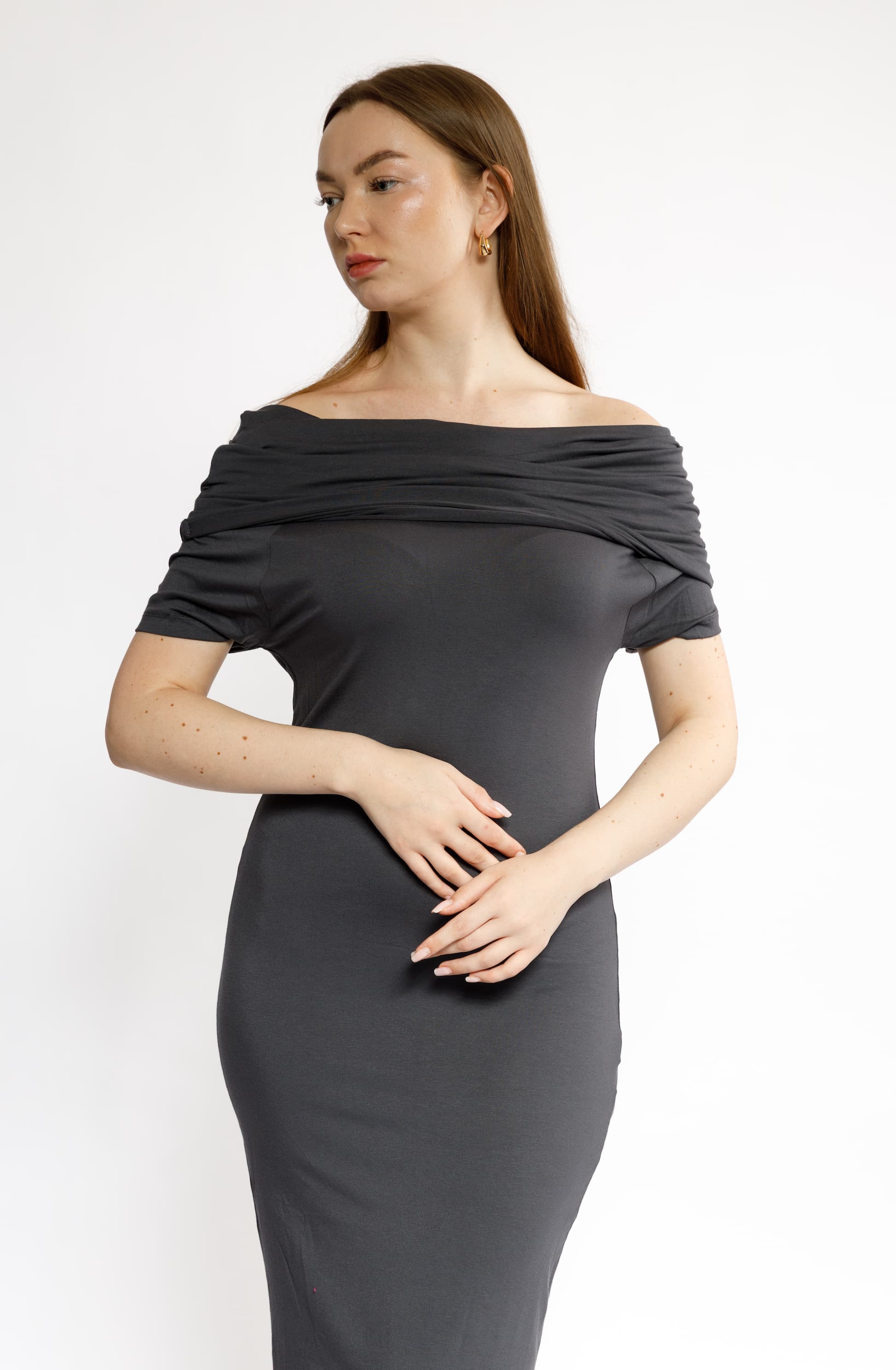 Dark Grey Off-Shoulder Bodycon Maxi Dress