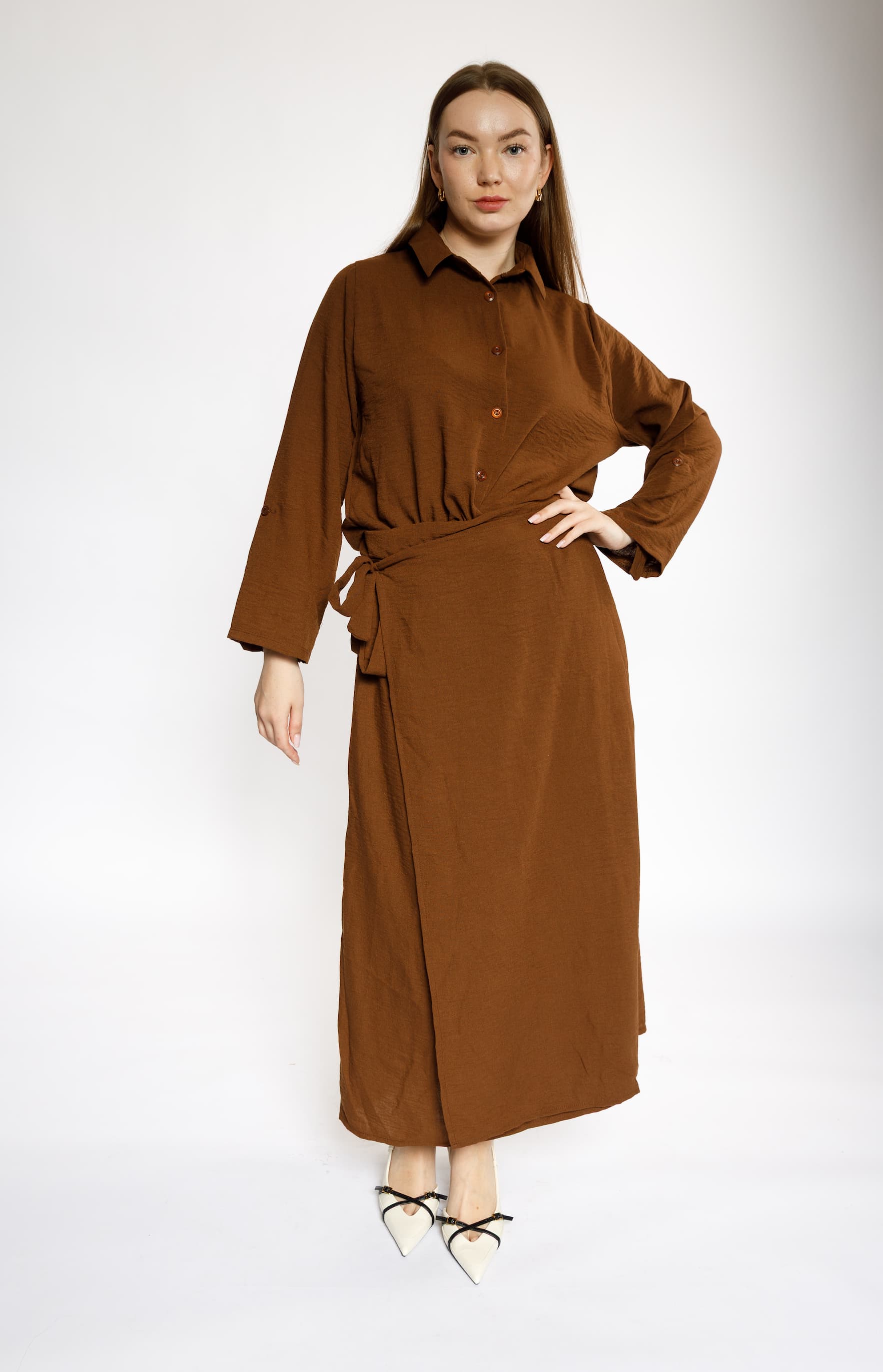 Brown Wrap Maxi Dress with Front Buttons