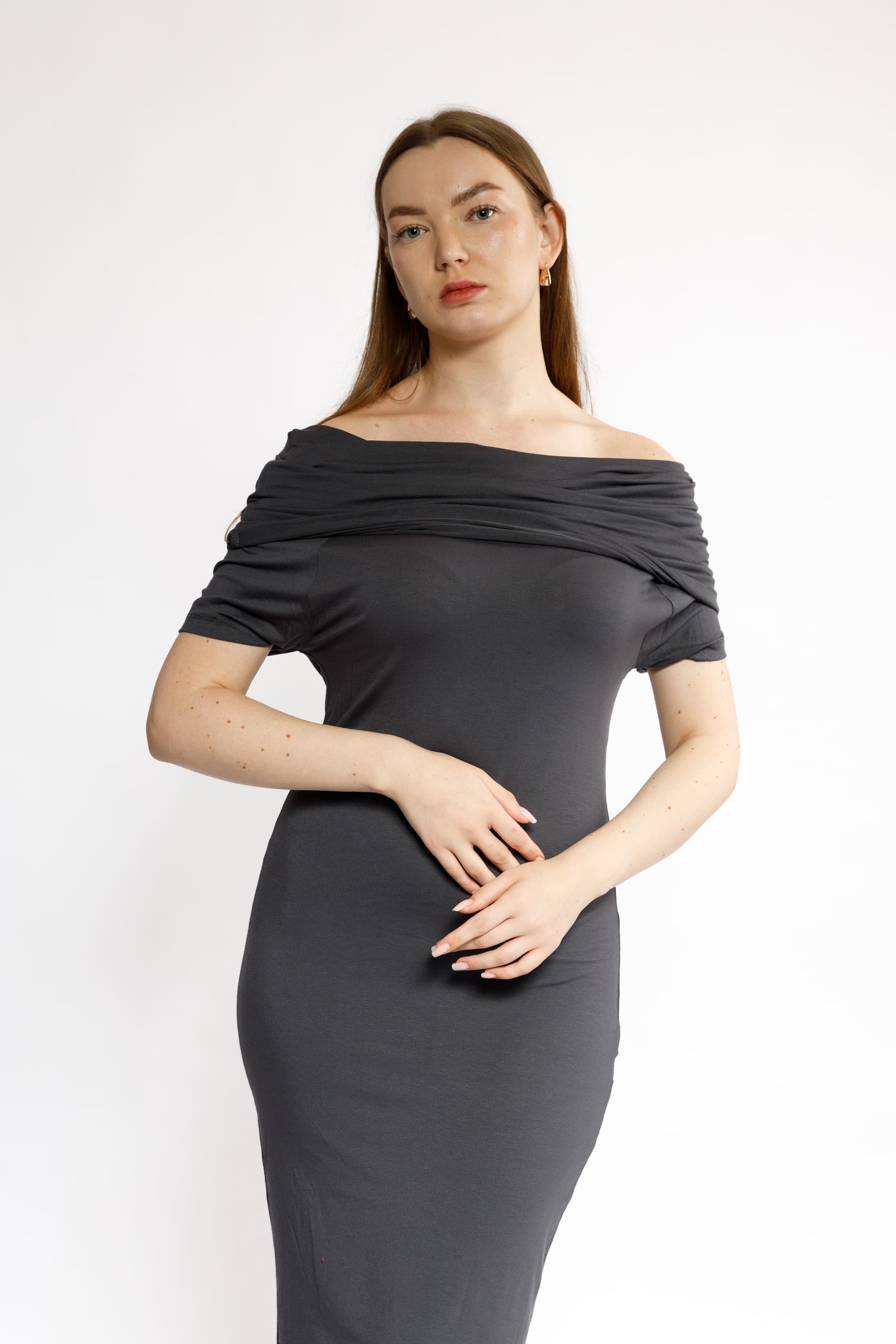 Dark Grey Off-Shoulder Bodycon Maxi Dress