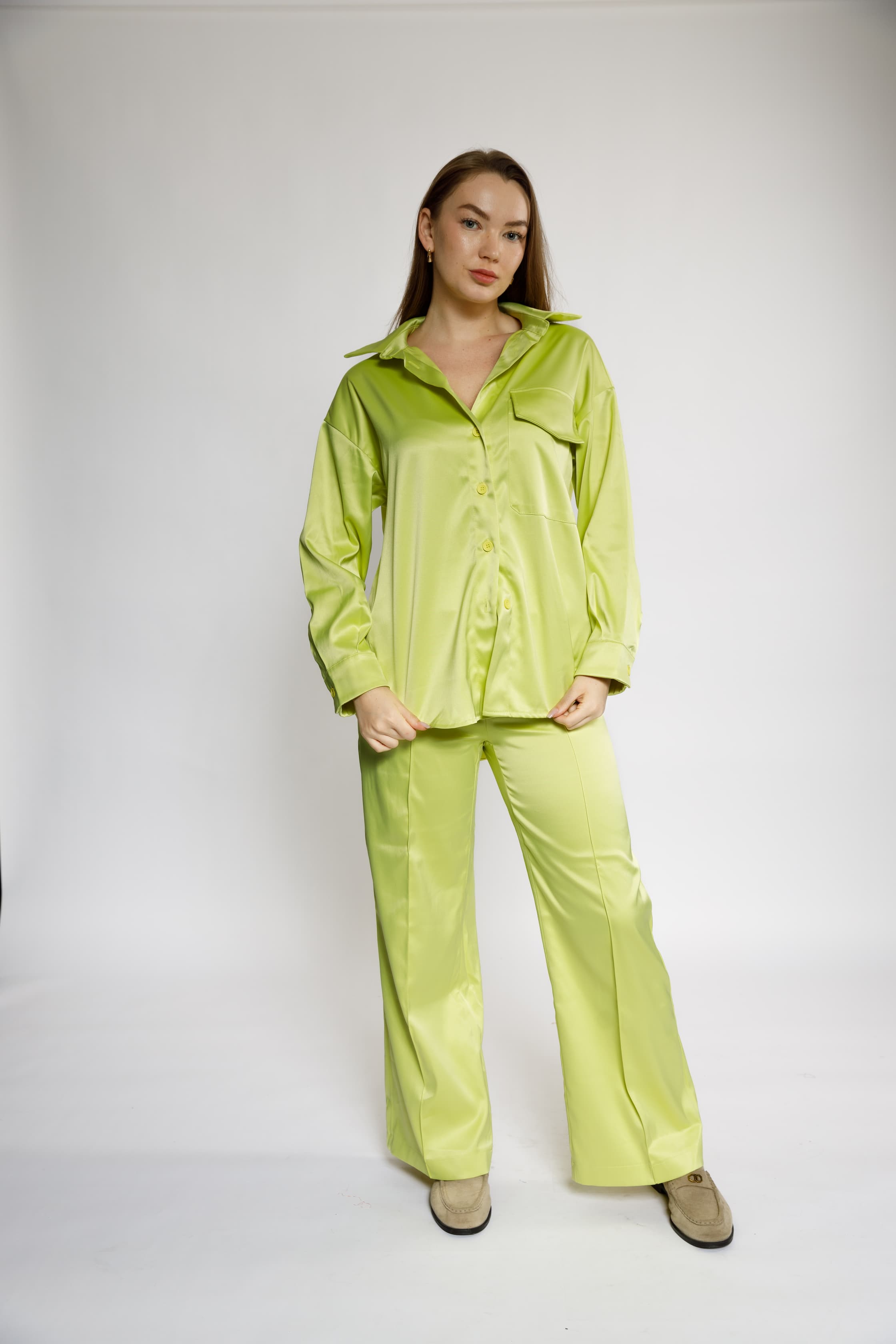 Lime Green Satin Shirt & Pants Set