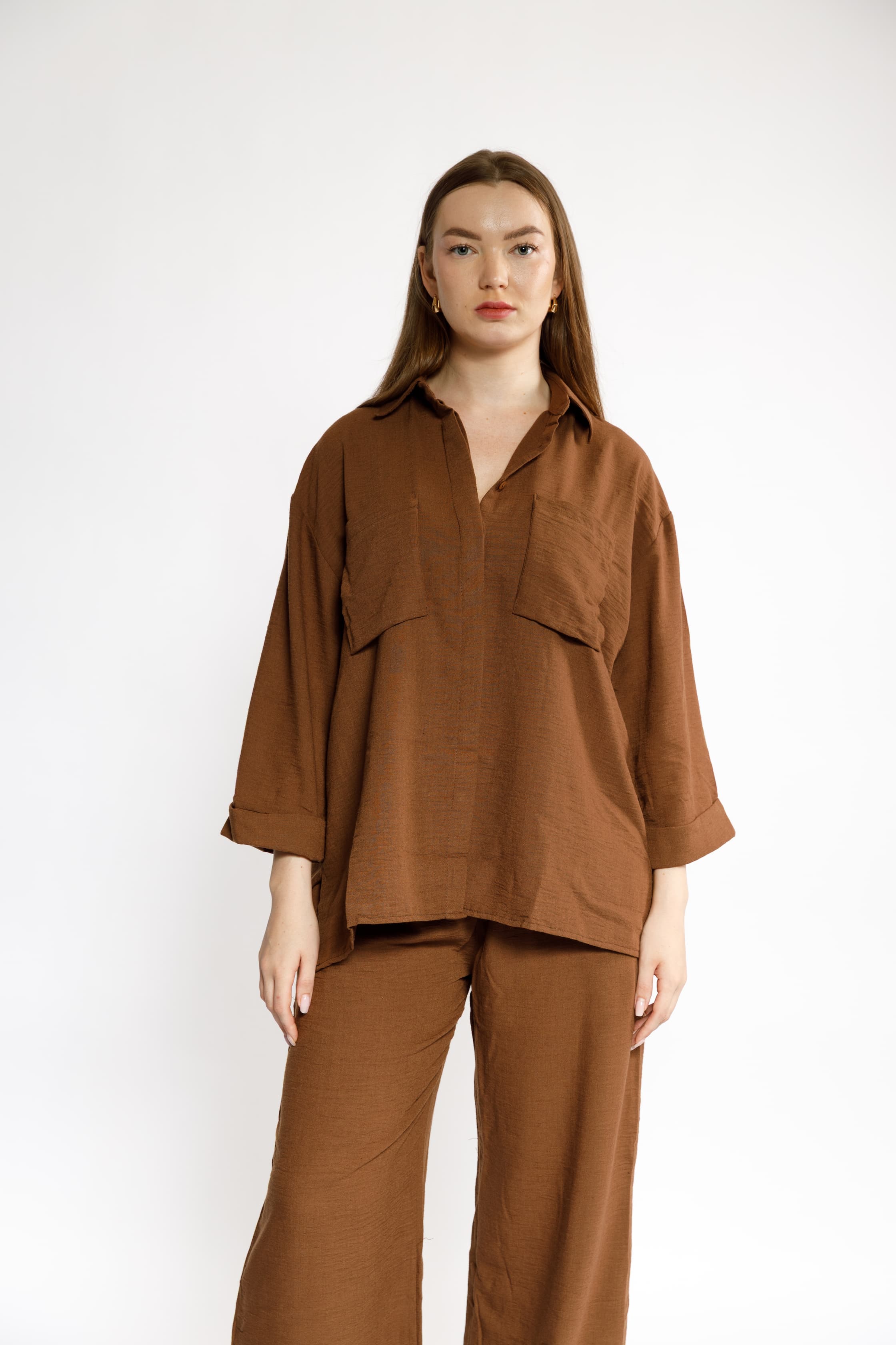 Two-Piece Casual Set – Brown with Relaxed Fit and Front Pockets