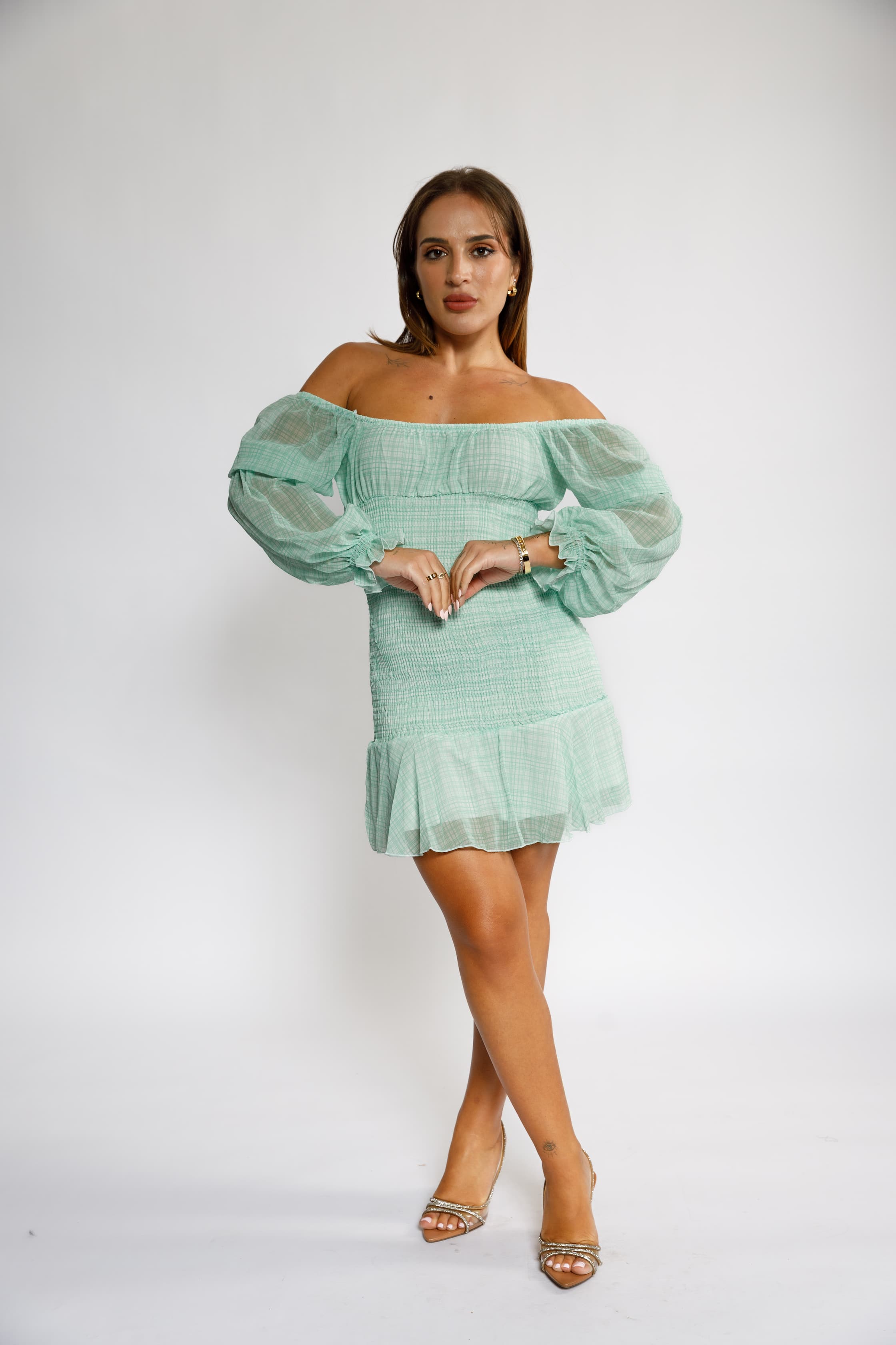 Mint Green Off-Shoulder Dress with Puff Sleeves