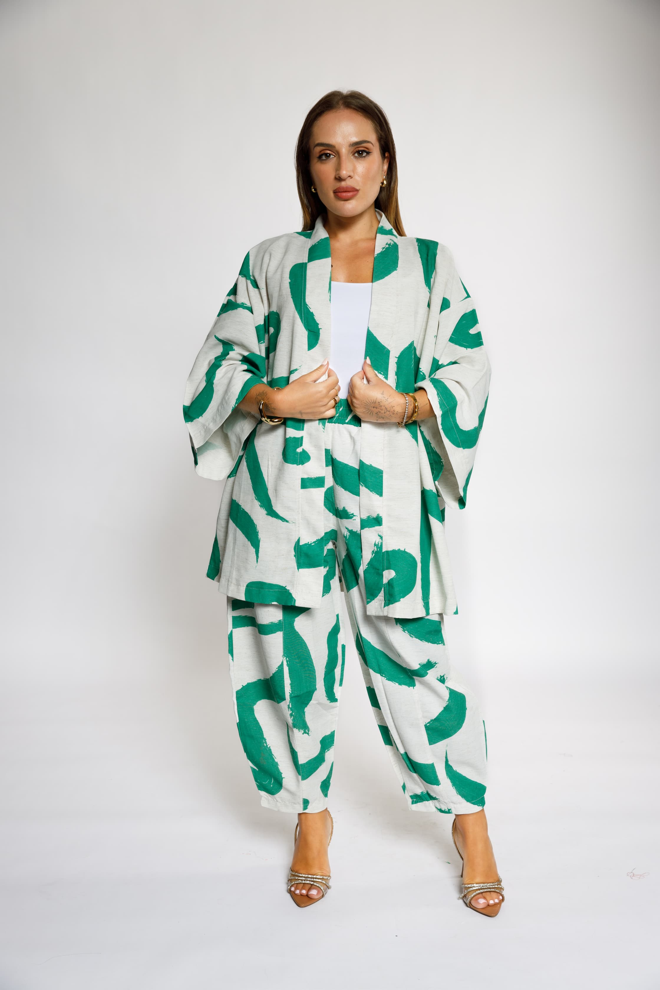 Abstract Green & White Kimono Set