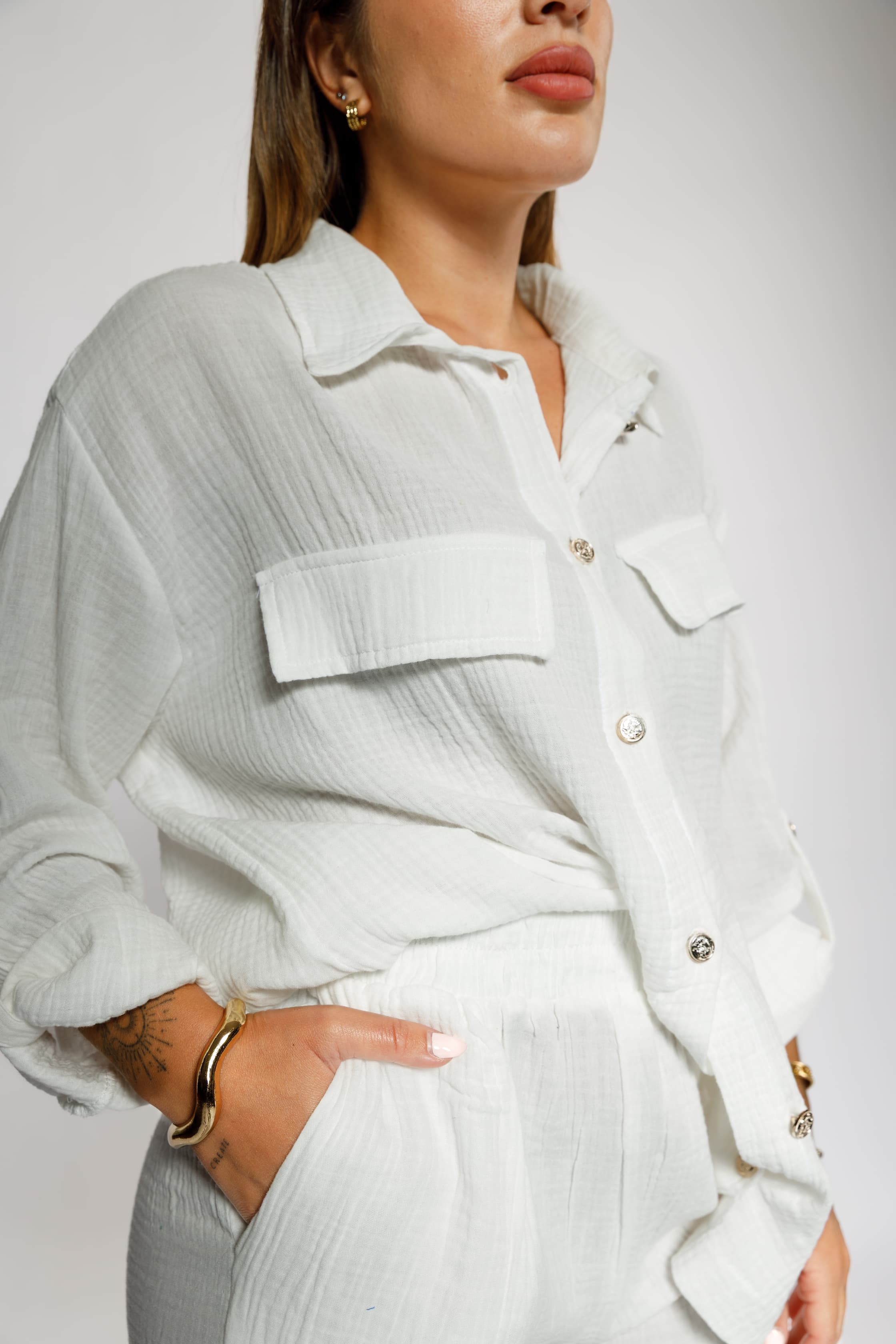 White Crinkle Two-Piece Set with Pockets and Buttons