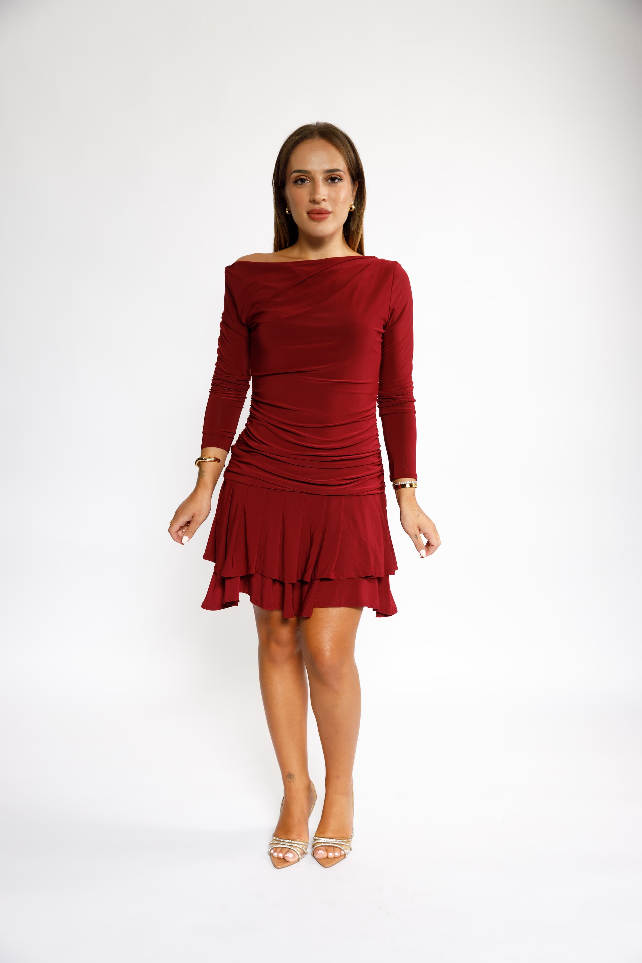 Red Ruched Long Sleeve Dress with Ruffle Hem