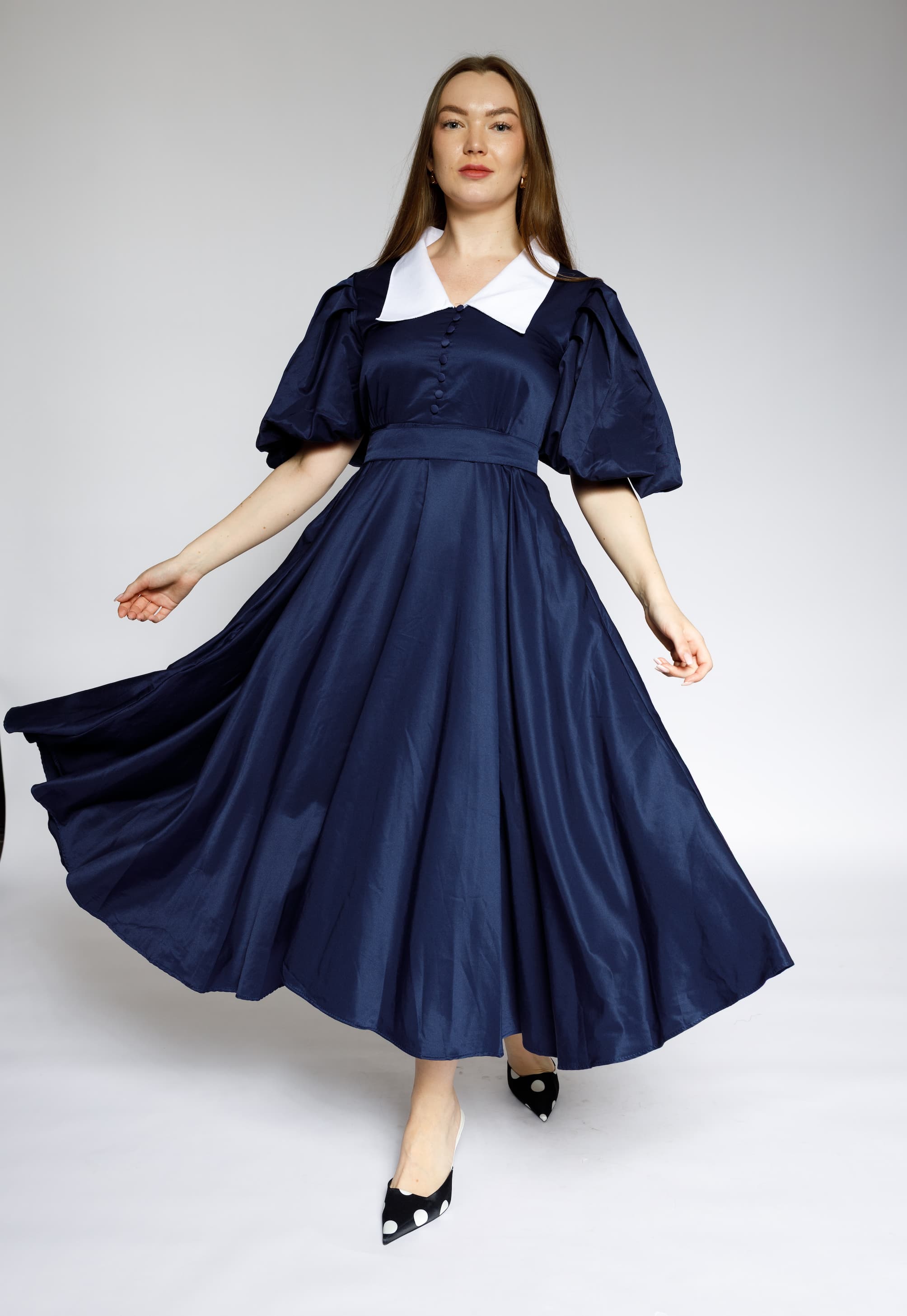 Navy Puff Sleeve Vintage Dress with White Collar