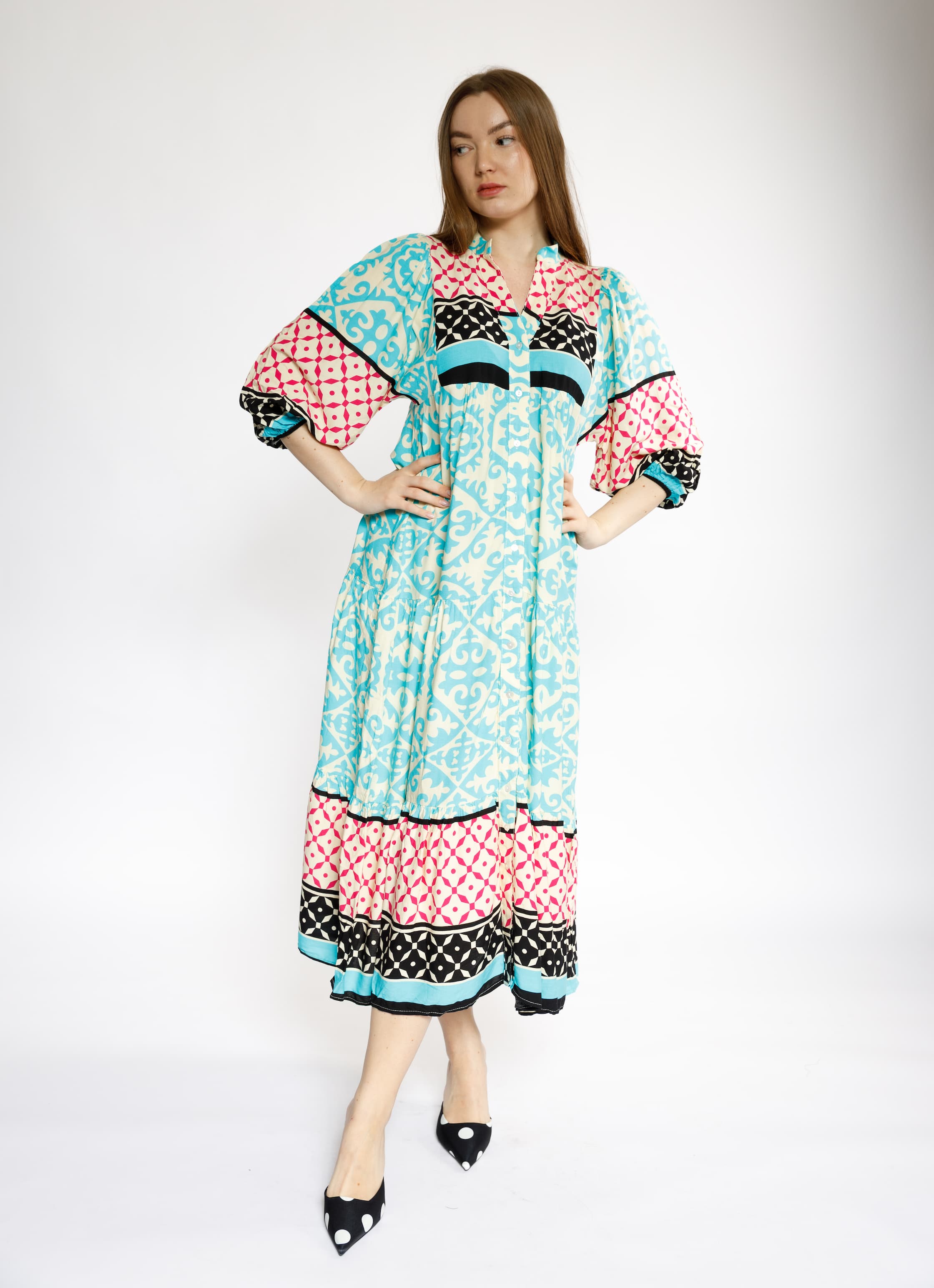 Multicolor Print Midi Dress with Relaxed Fit