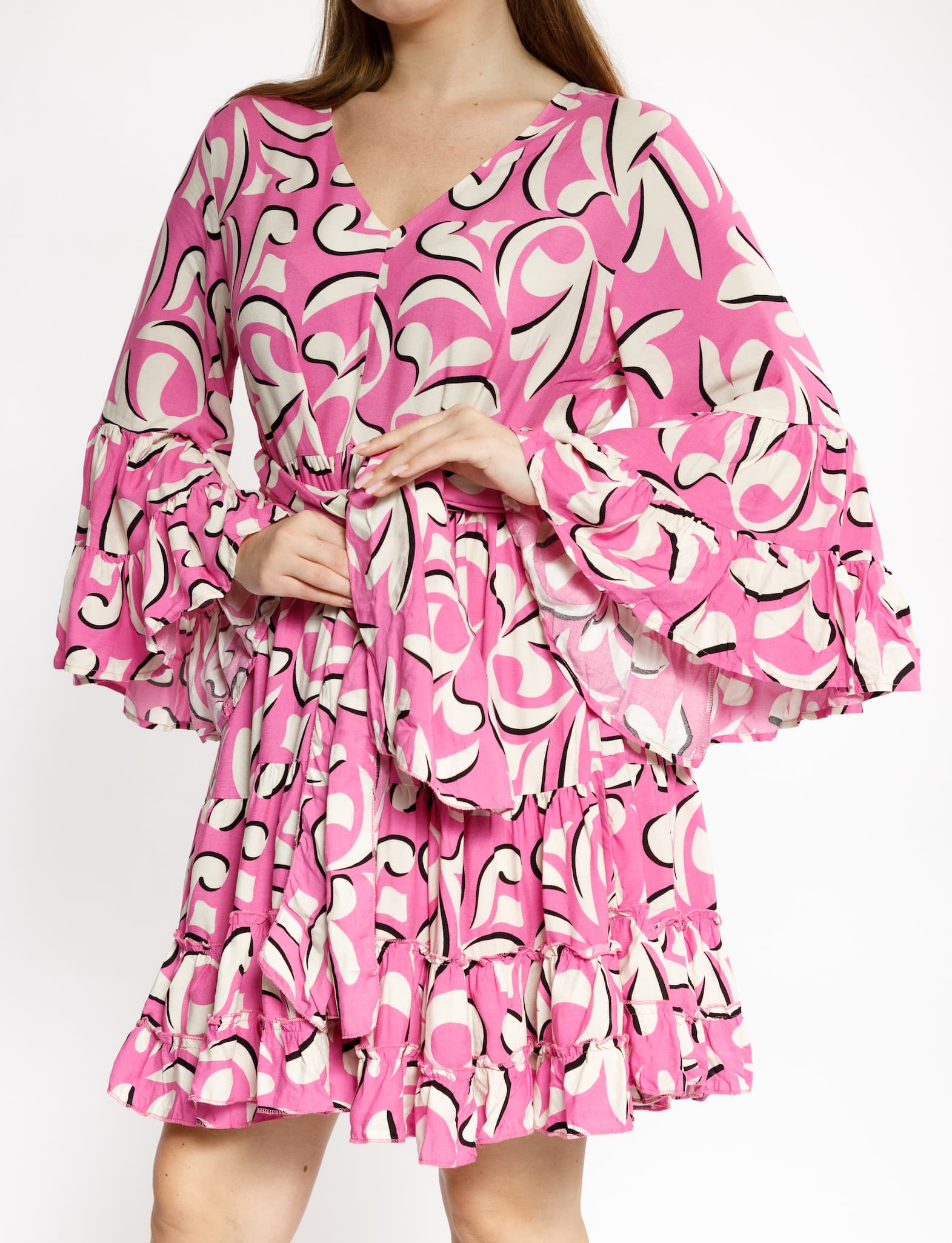 Pink Geometric Print Dress with Flared Sleeves