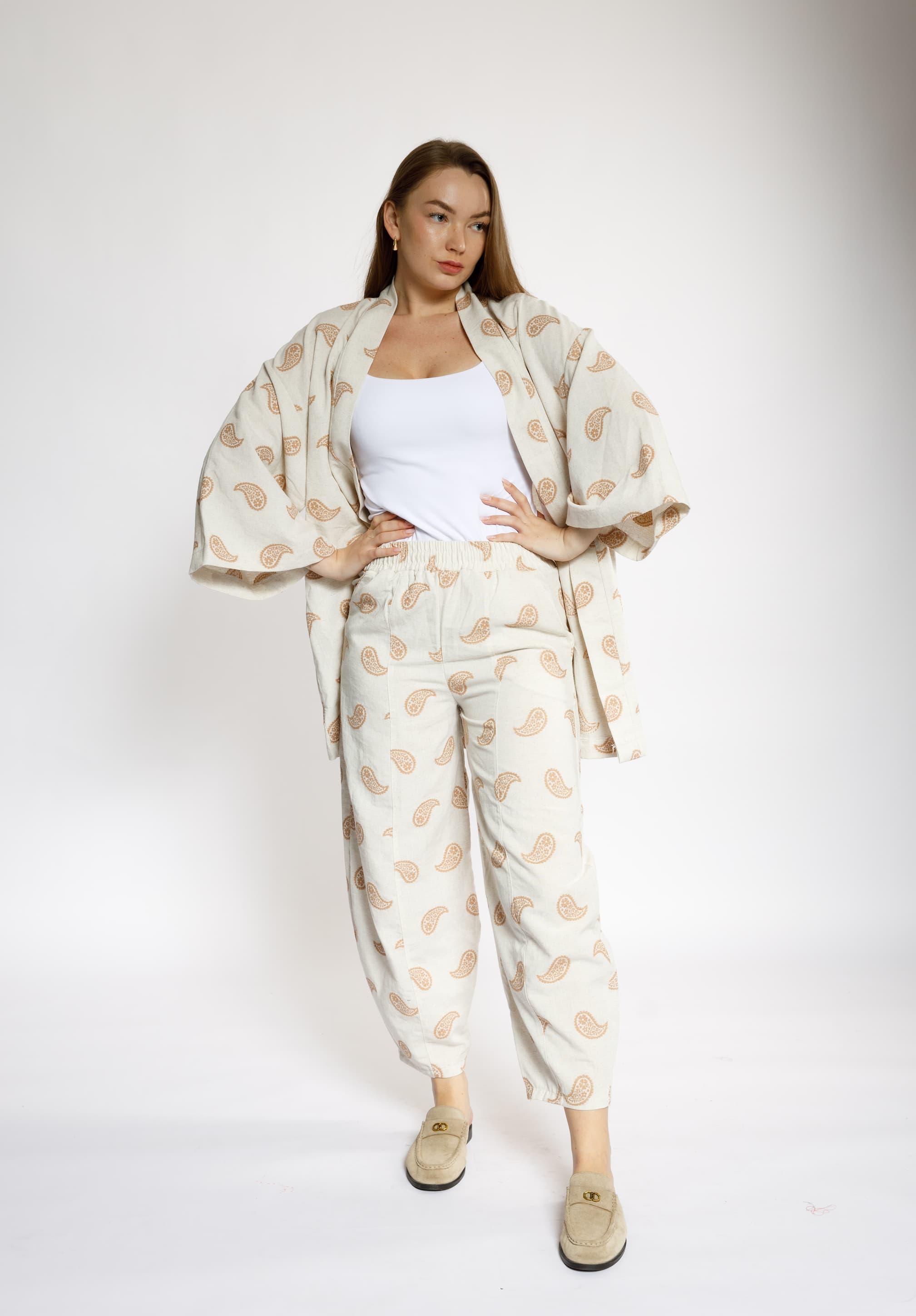 Paisley Print Kimono & Pants Set – Beige