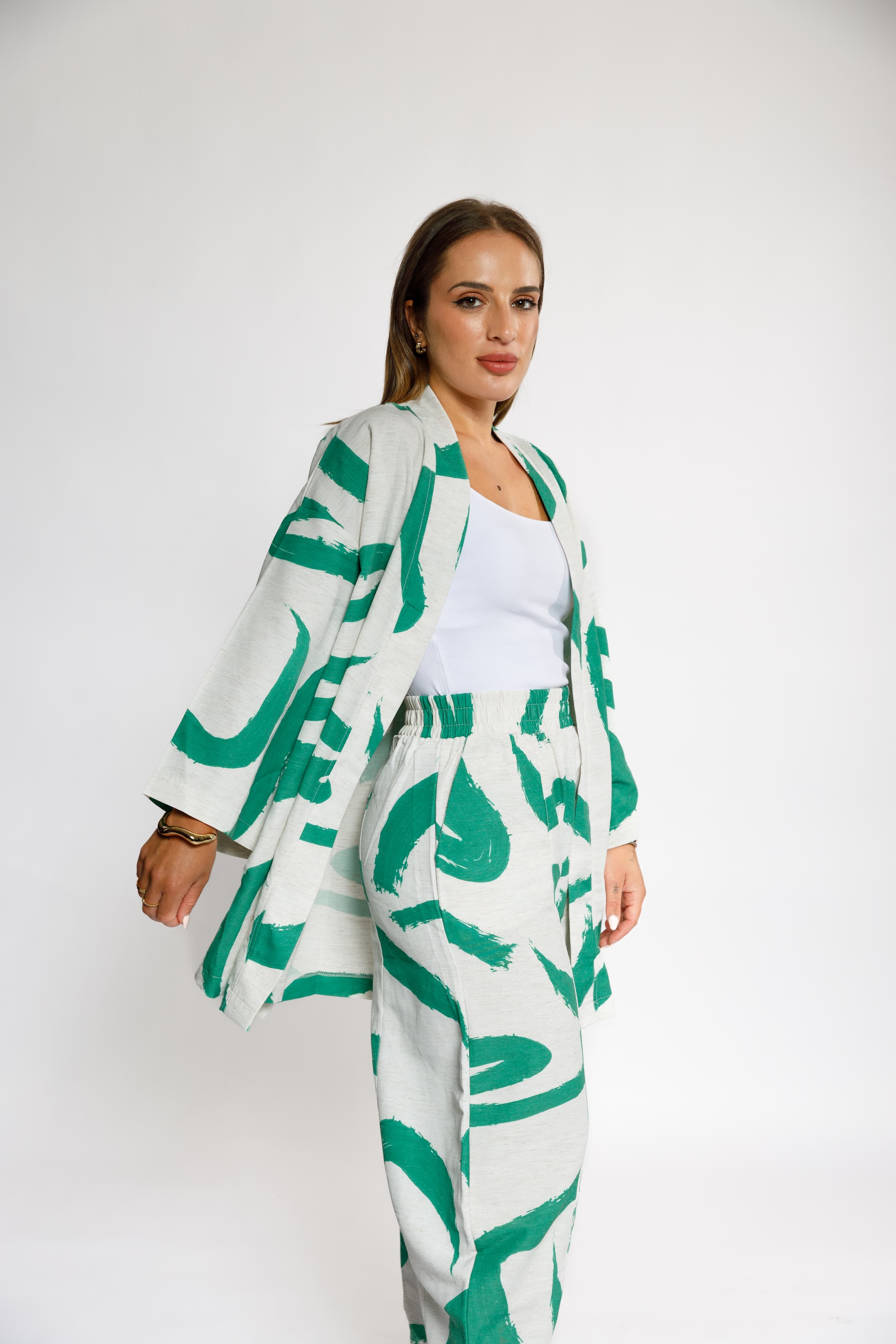 Abstract Green & White Kimono Set