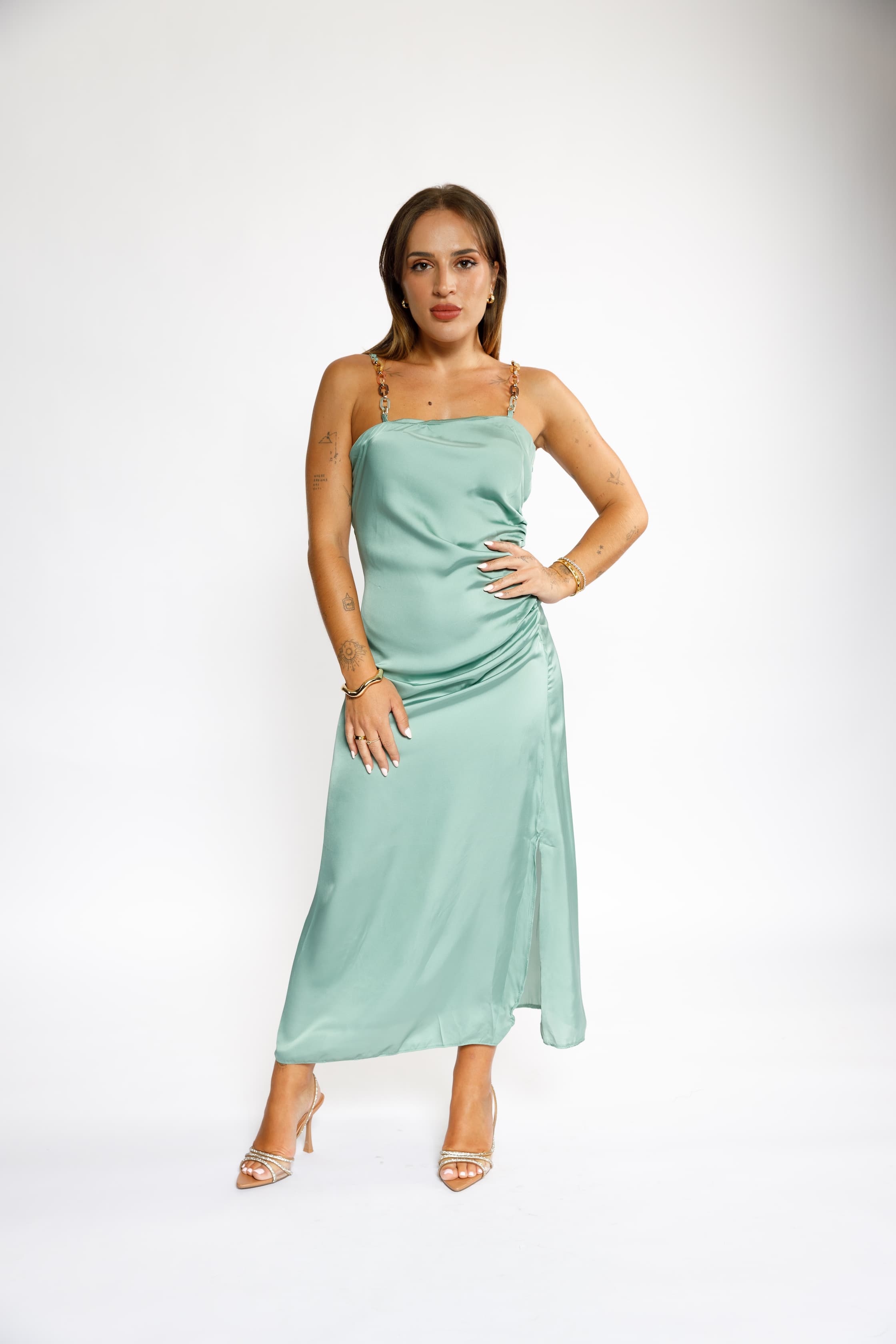 Mint Satin Slip Dress with Gold Chain Straps