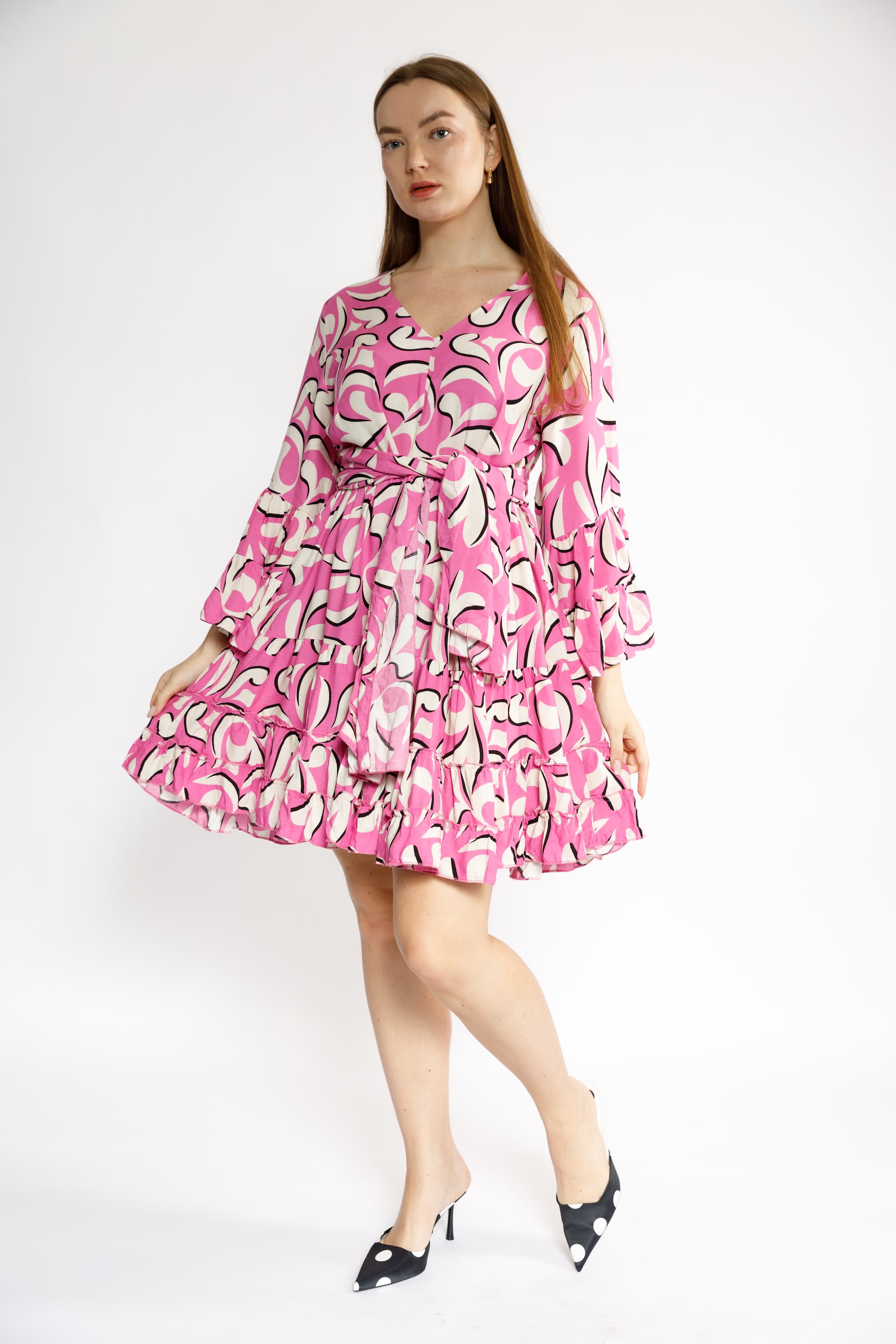 Pink Geometric Print Dress with Flared Sleeves