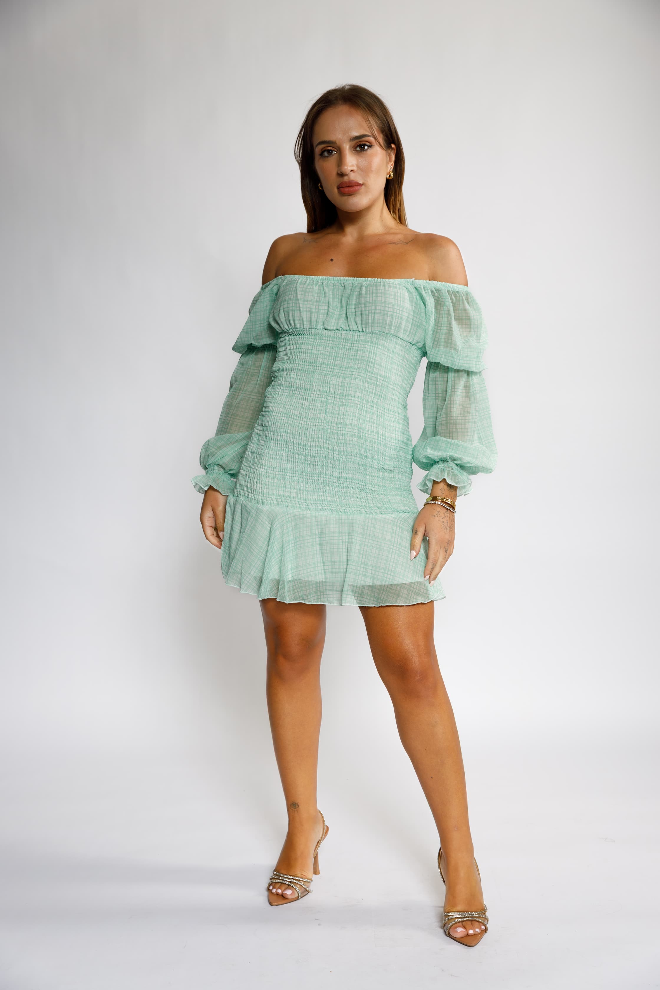 Mint Green Off-Shoulder Dress with Puff Sleeves