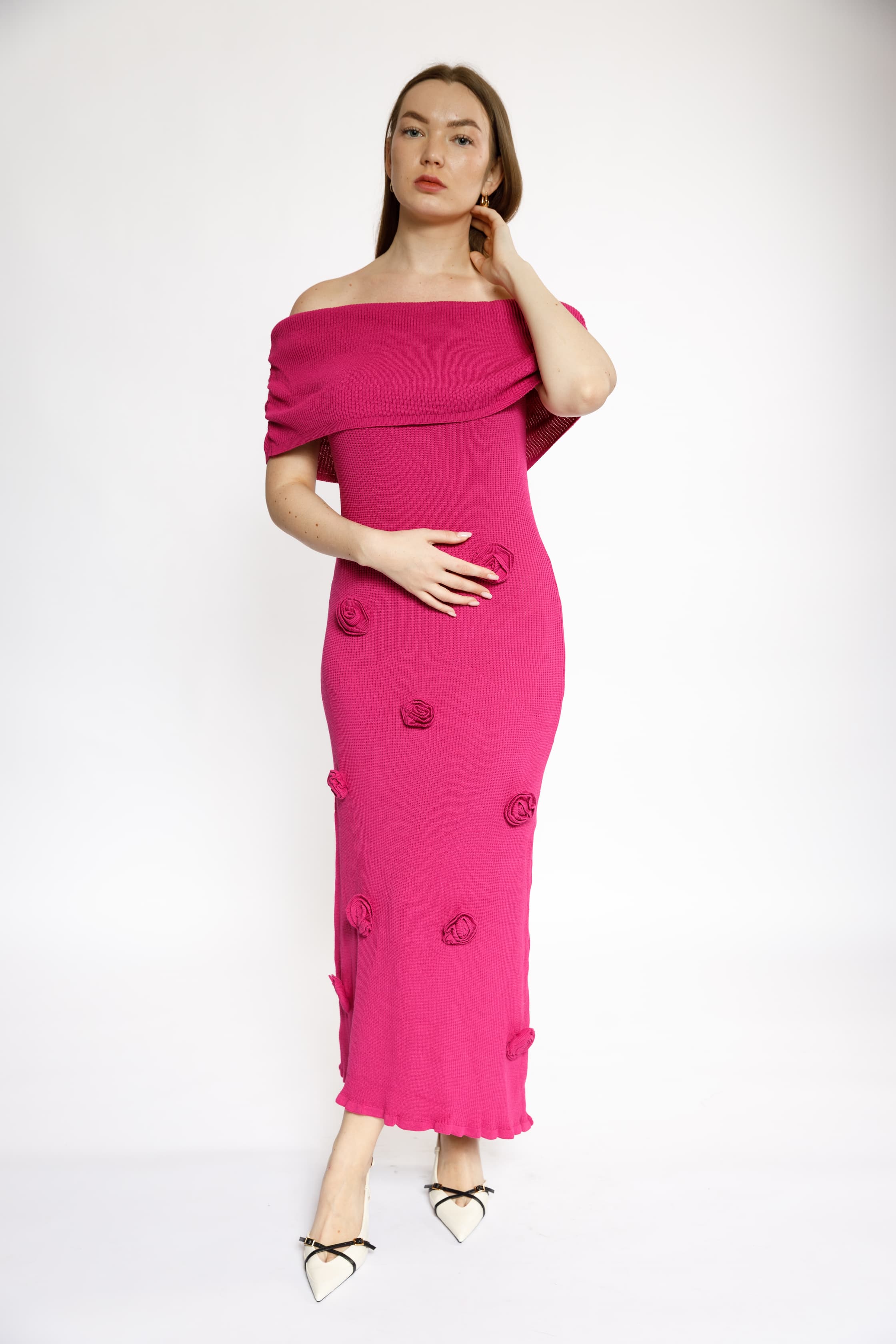 Off-Shoulder Maxi Dress with 3D Floral Appliqué – Fuchsia Pink