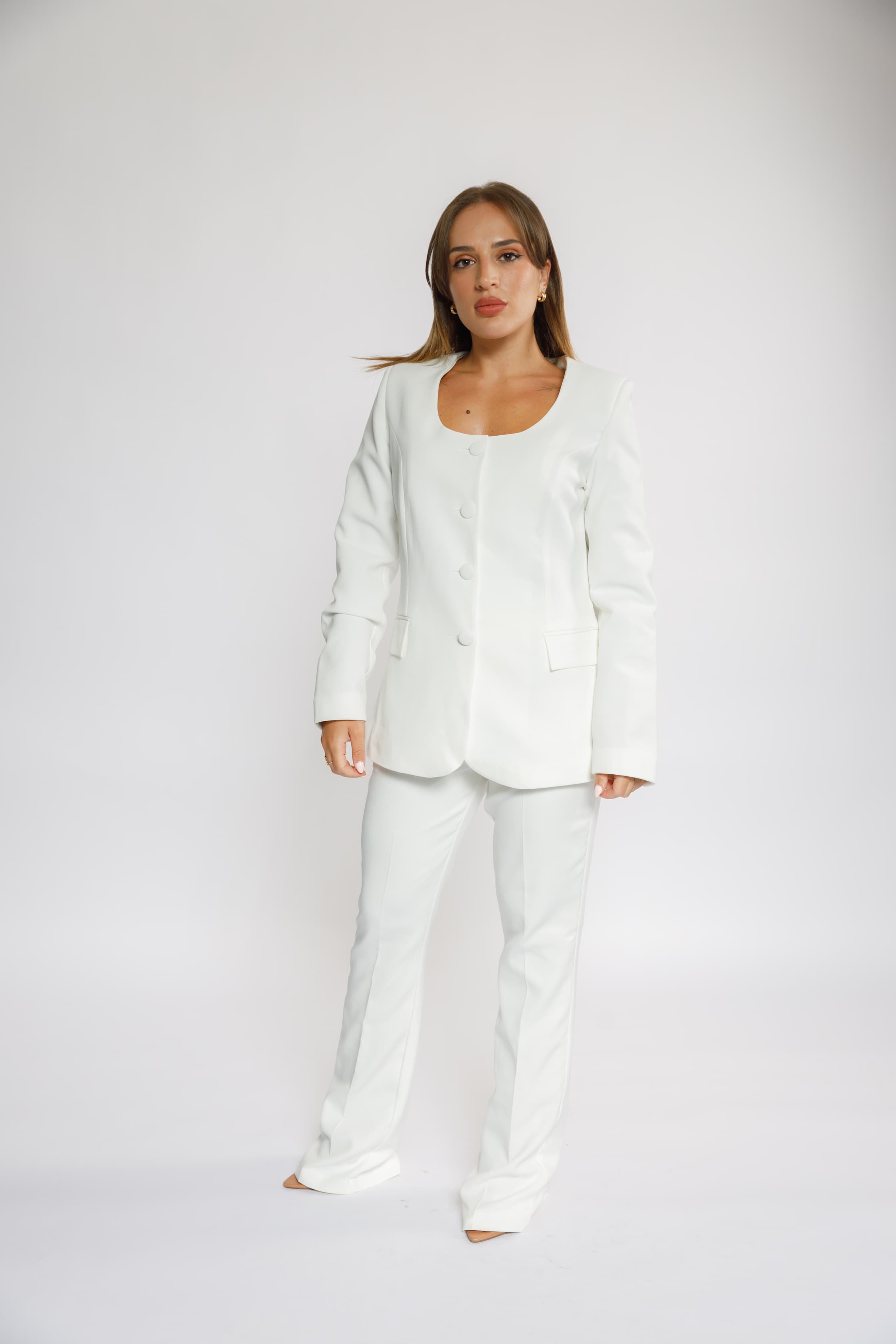 Elegant Women's White Formal Suit – Front Button Design