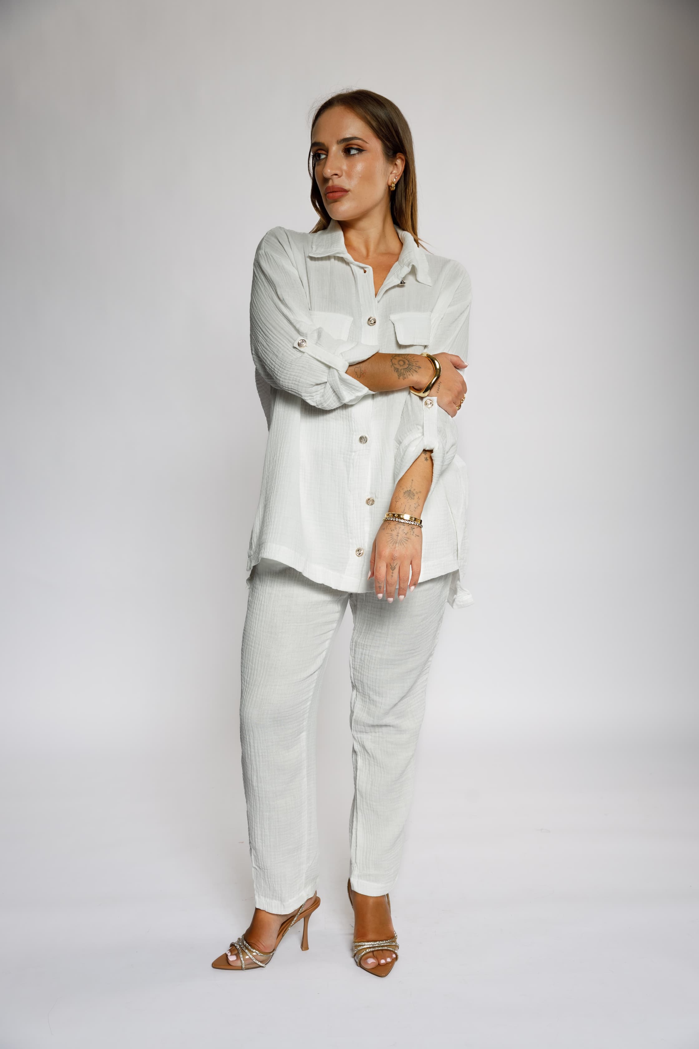 White Crinkle Two-Piece Set with Pockets and Buttons