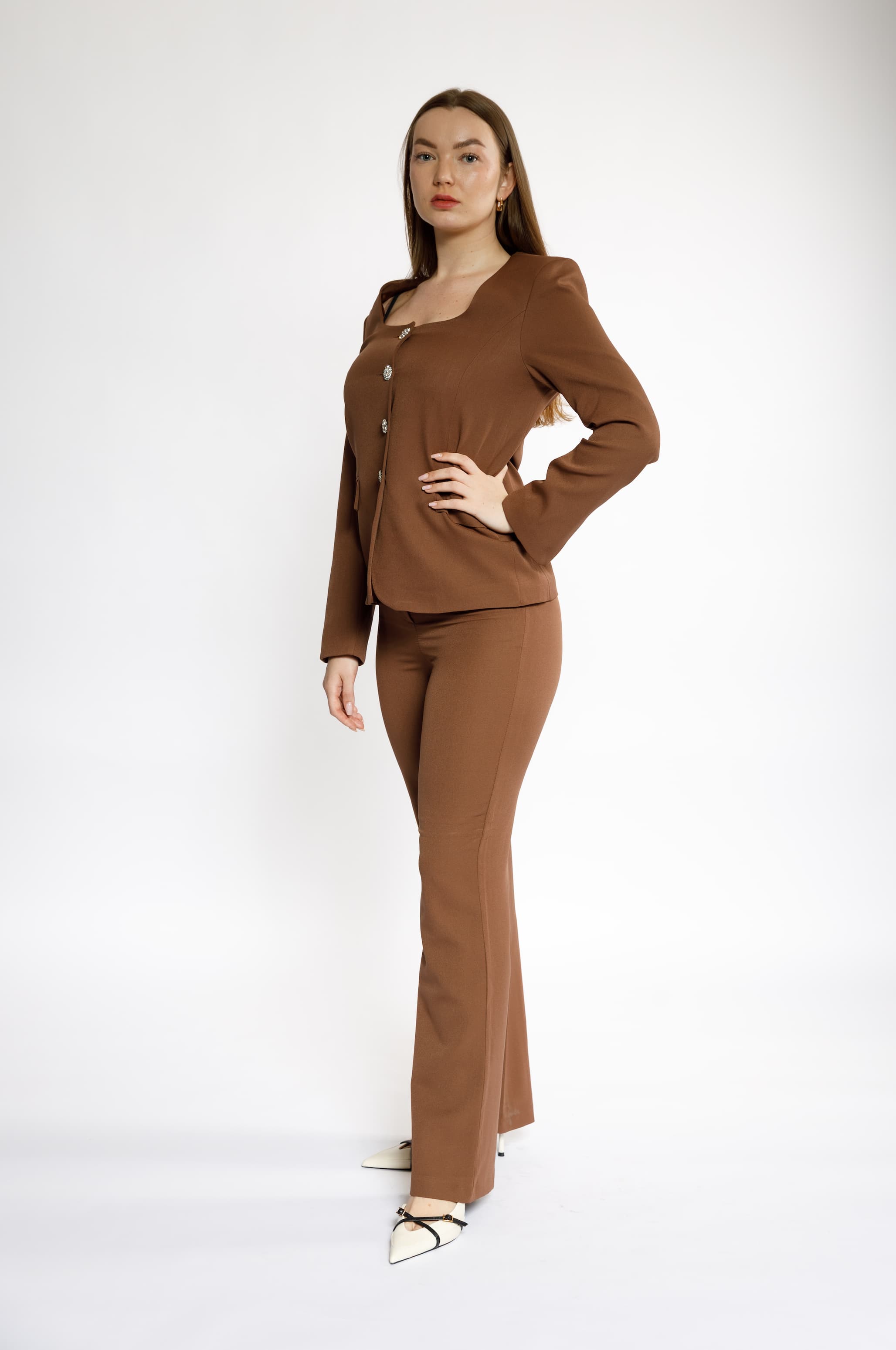 Brown Formal Women's Set with Crystal Buttons – Royal Elegance