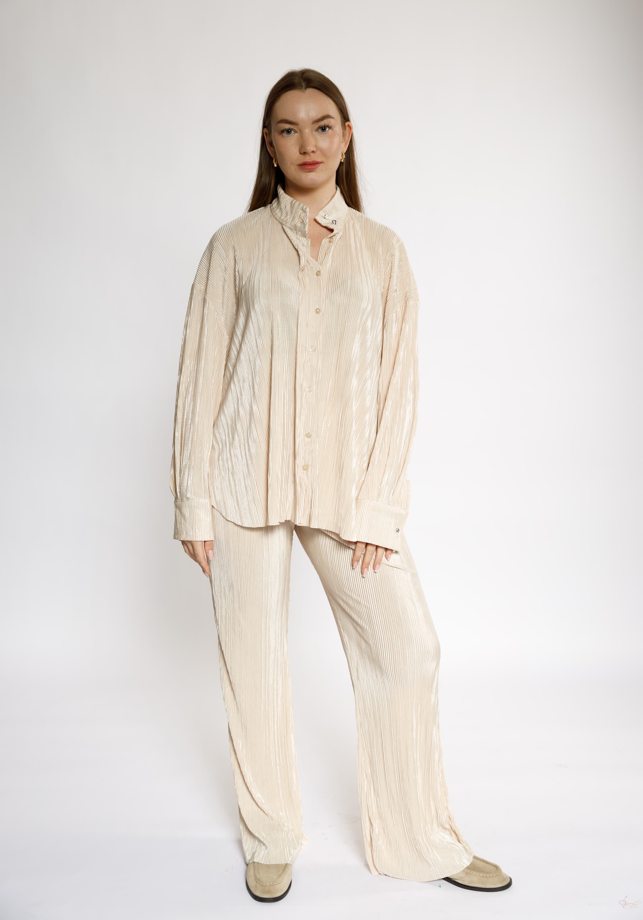 Beige Pleated Satin Lounge Set
