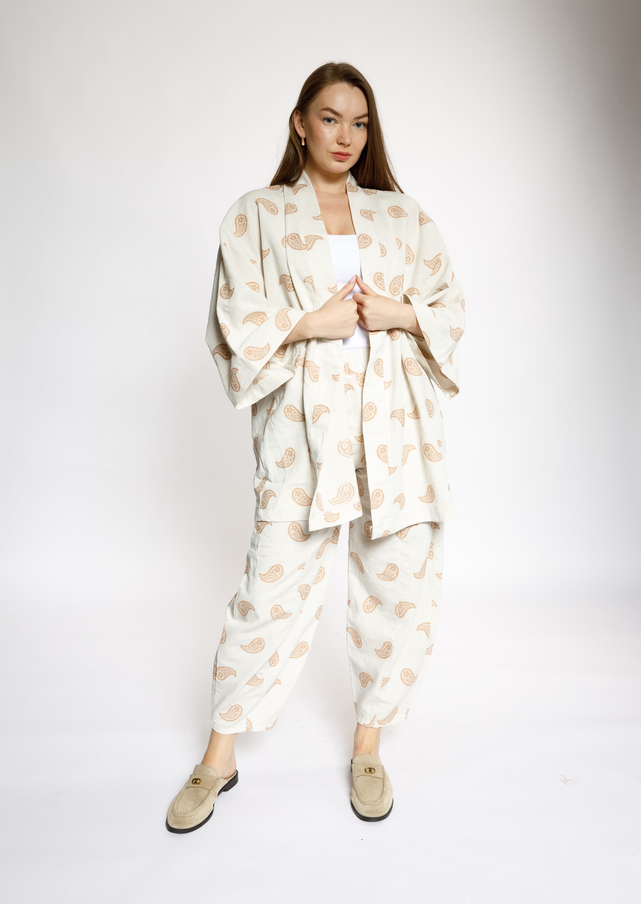 Paisley Print Kimono & Pants Set – Beige