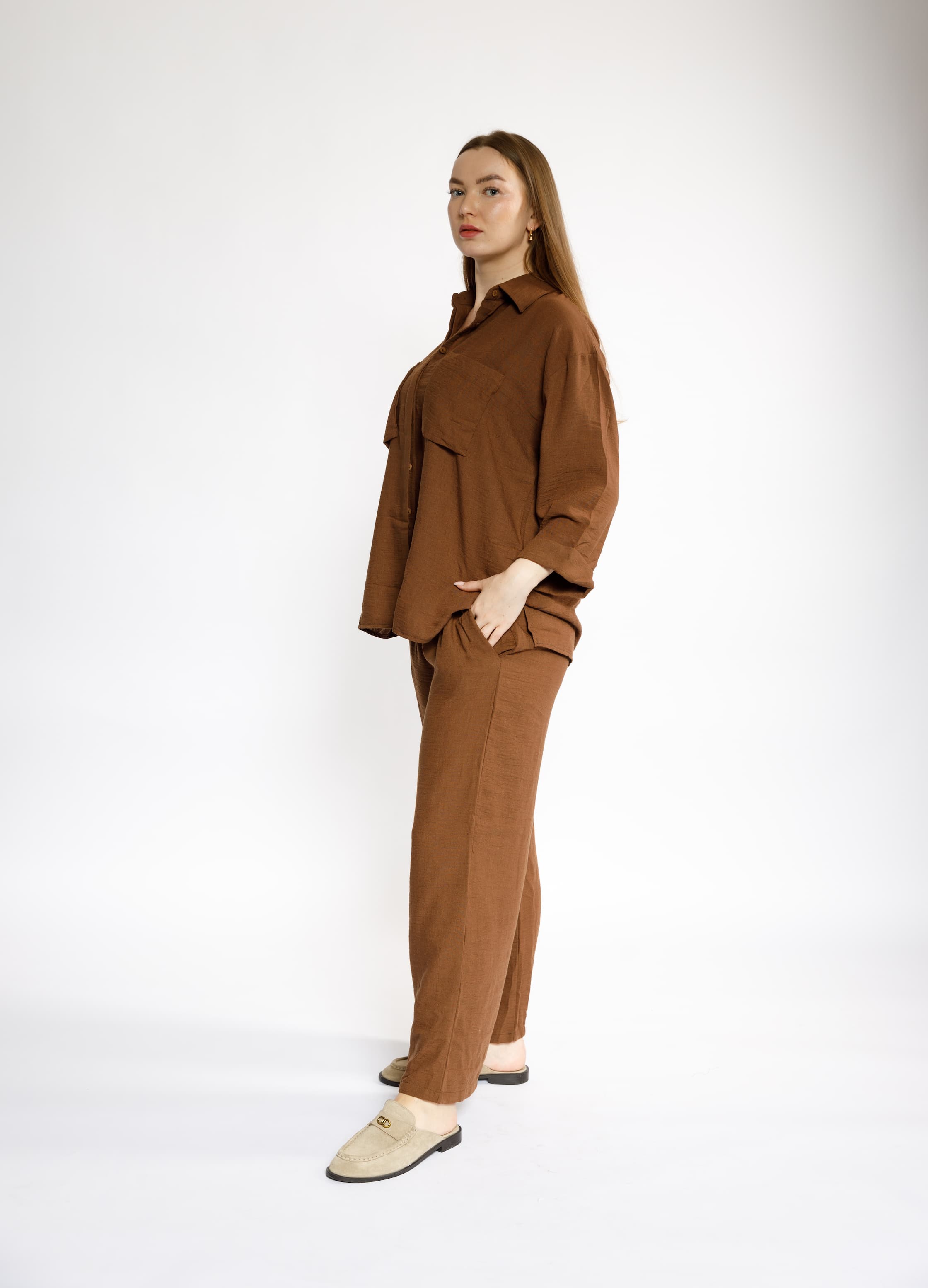 Two-Piece Casual Set – Brown with Relaxed Fit and Front Pockets
