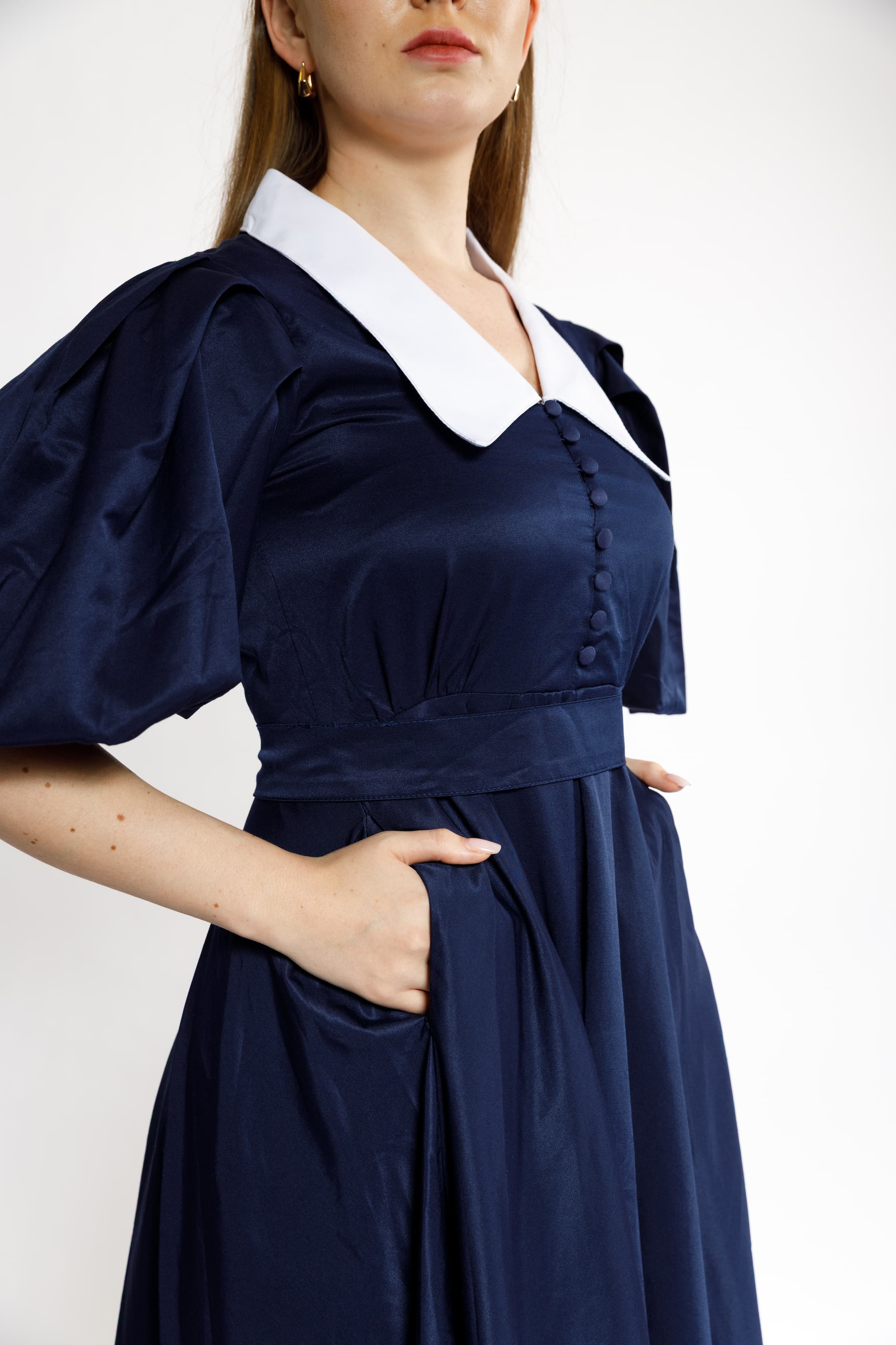 Navy Puff Sleeve Vintage Dress with White Collar
