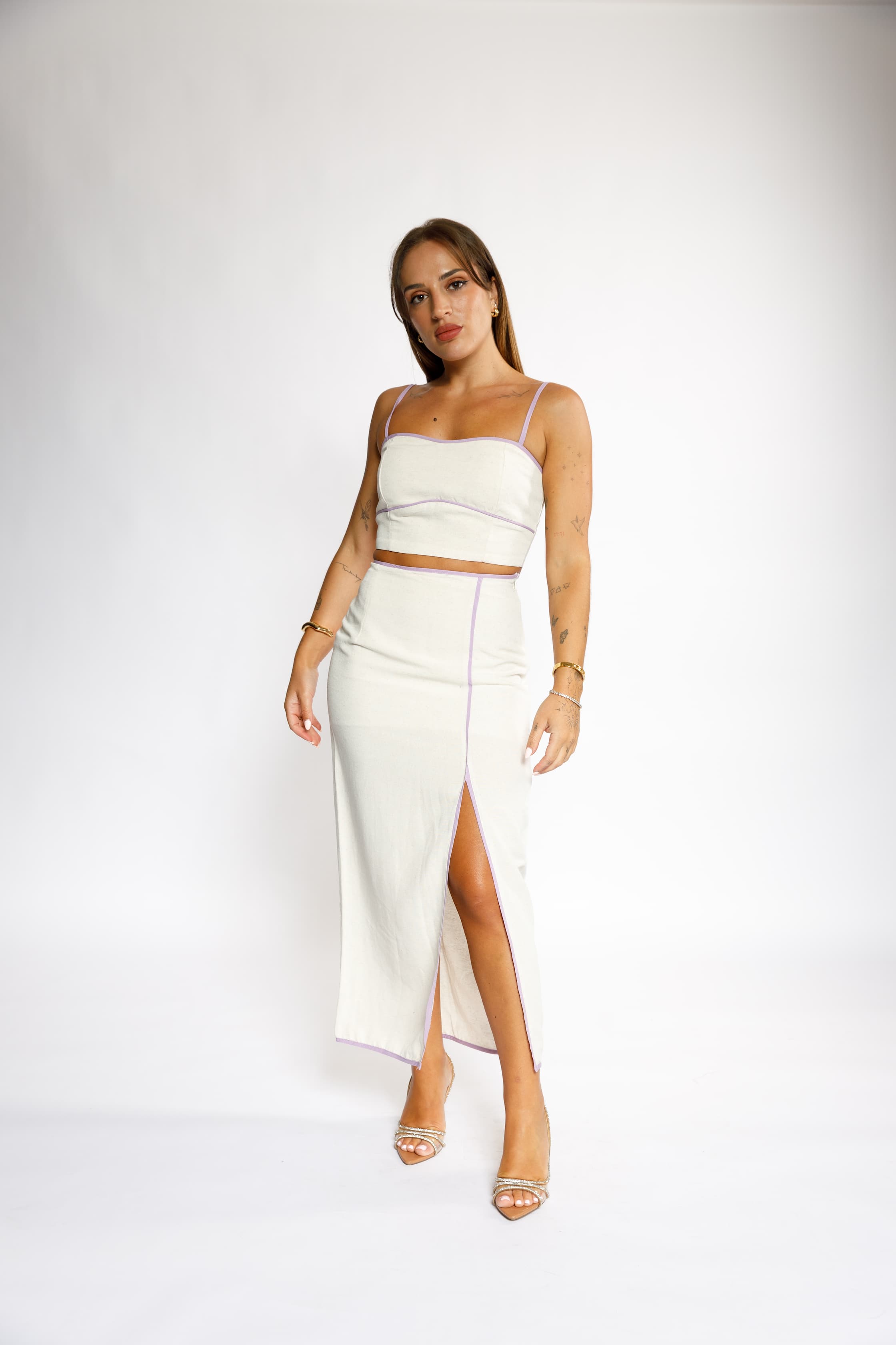 Spaghetti Strap Crop Top and Slit Skirt Set – White with Lilac Trim 