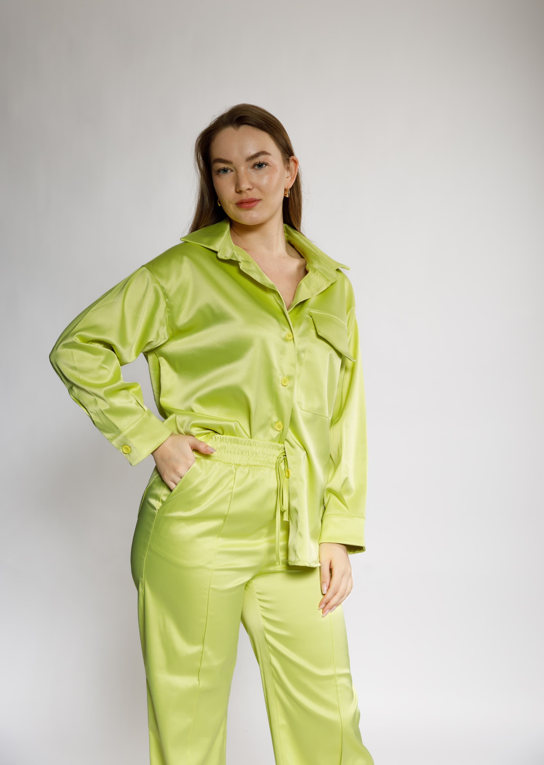 Lime Green Satin Shirt & Pants Set