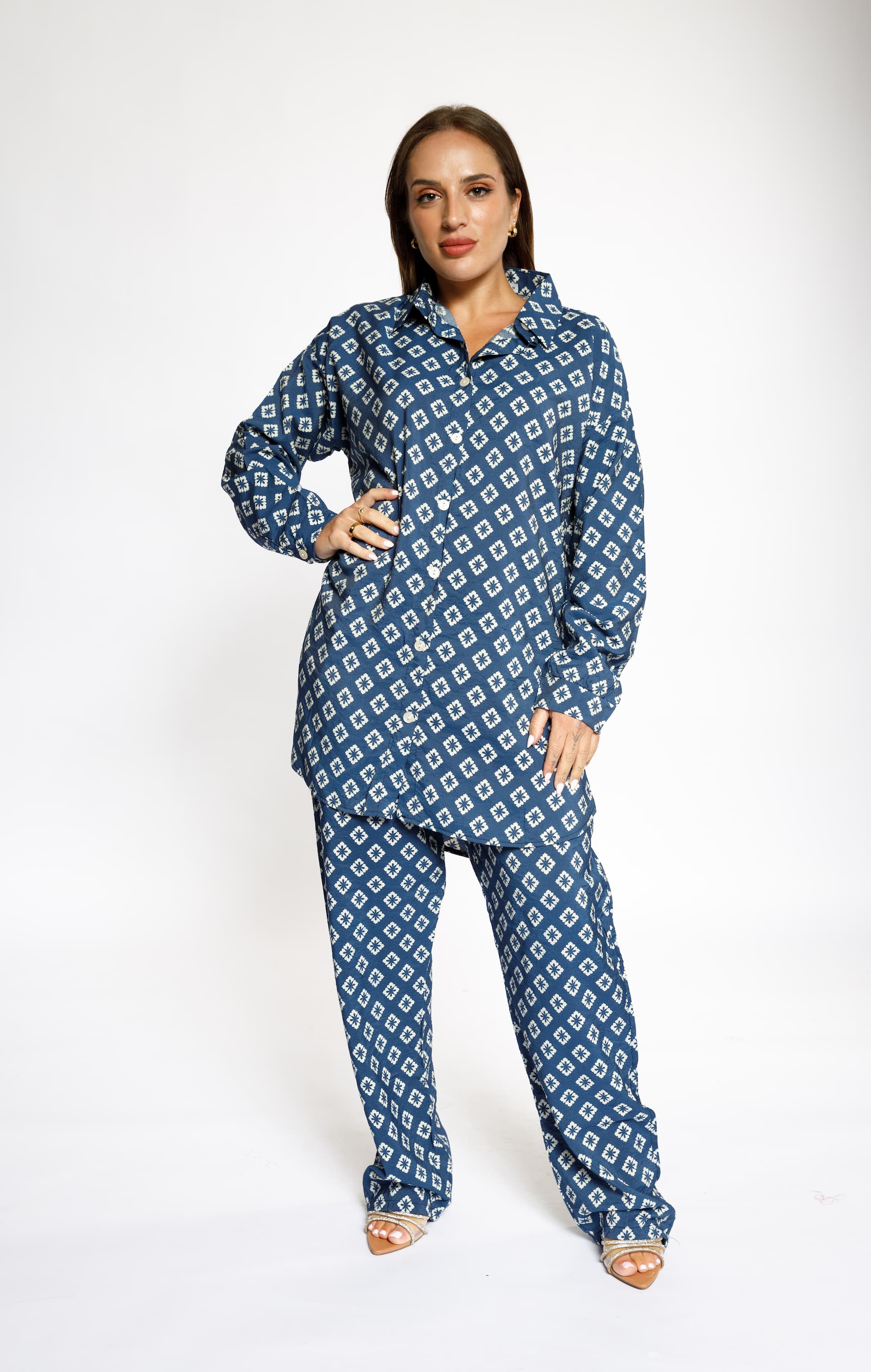 Geometric Print Shirt & Pants Set – Navy Blue