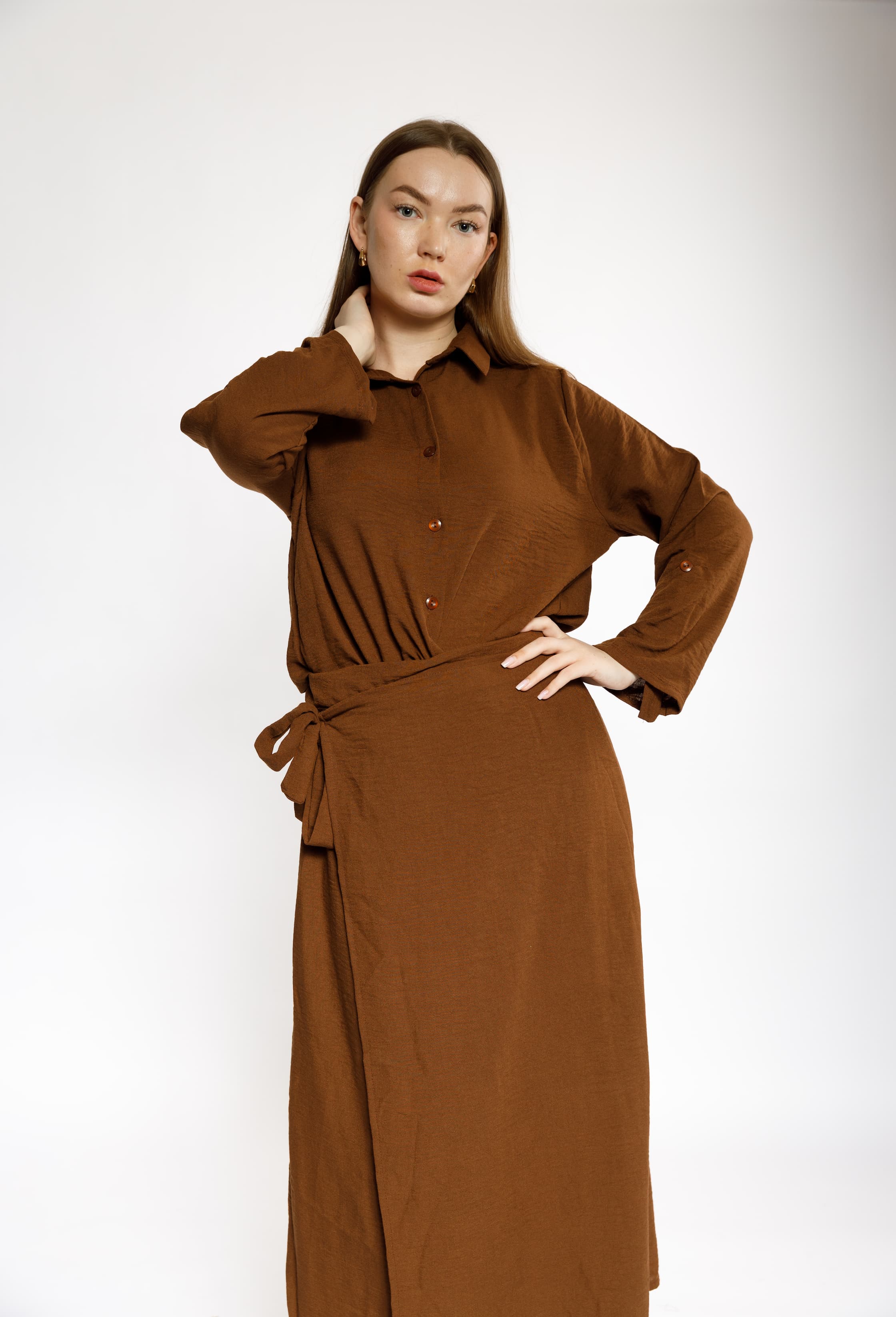 Brown Wrap Maxi Dress with Front Buttons