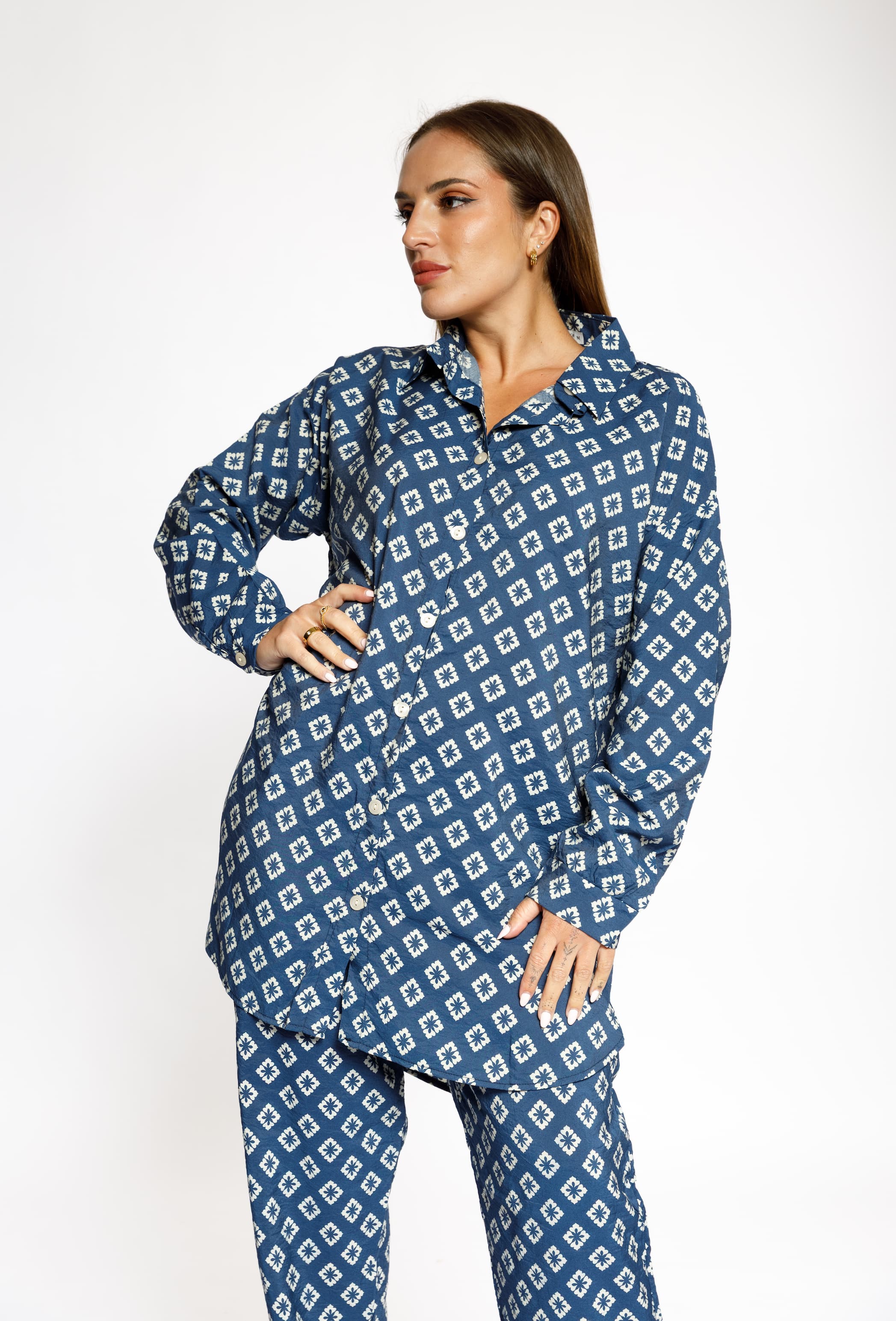 Geometric Print Shirt & Pants Set – Navy Blue